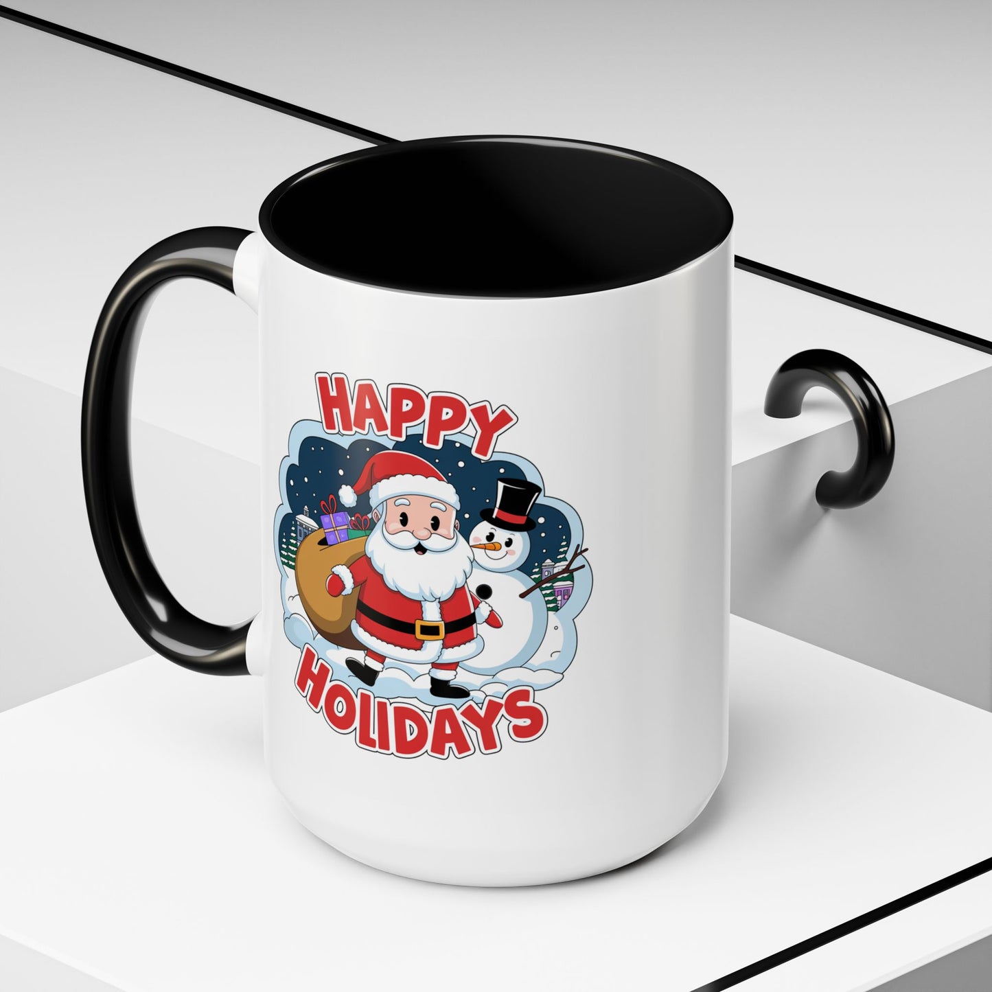 Christmas Mug - Happy Holidays Red & White Text Santa Snowman