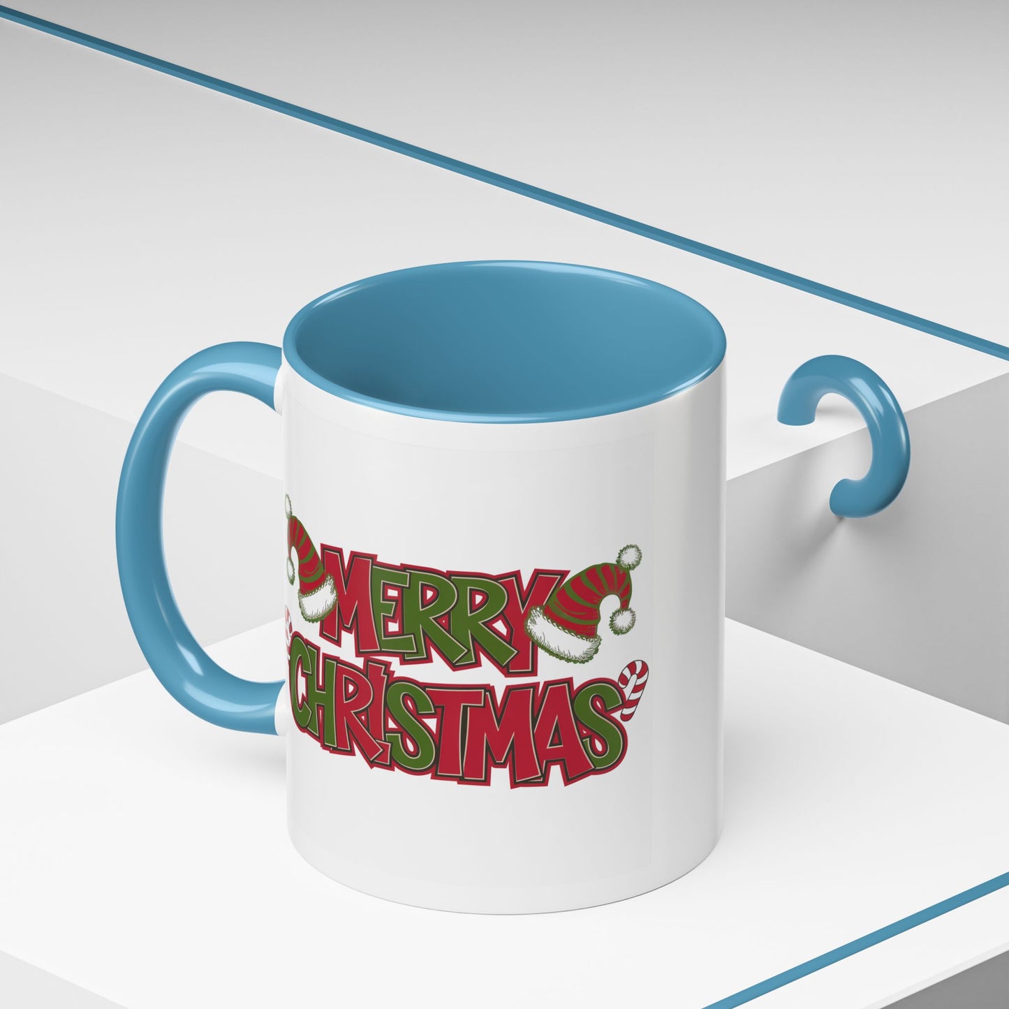 Christmas Mug - Merry Christmas Red & Green Text Hats Candy Canes