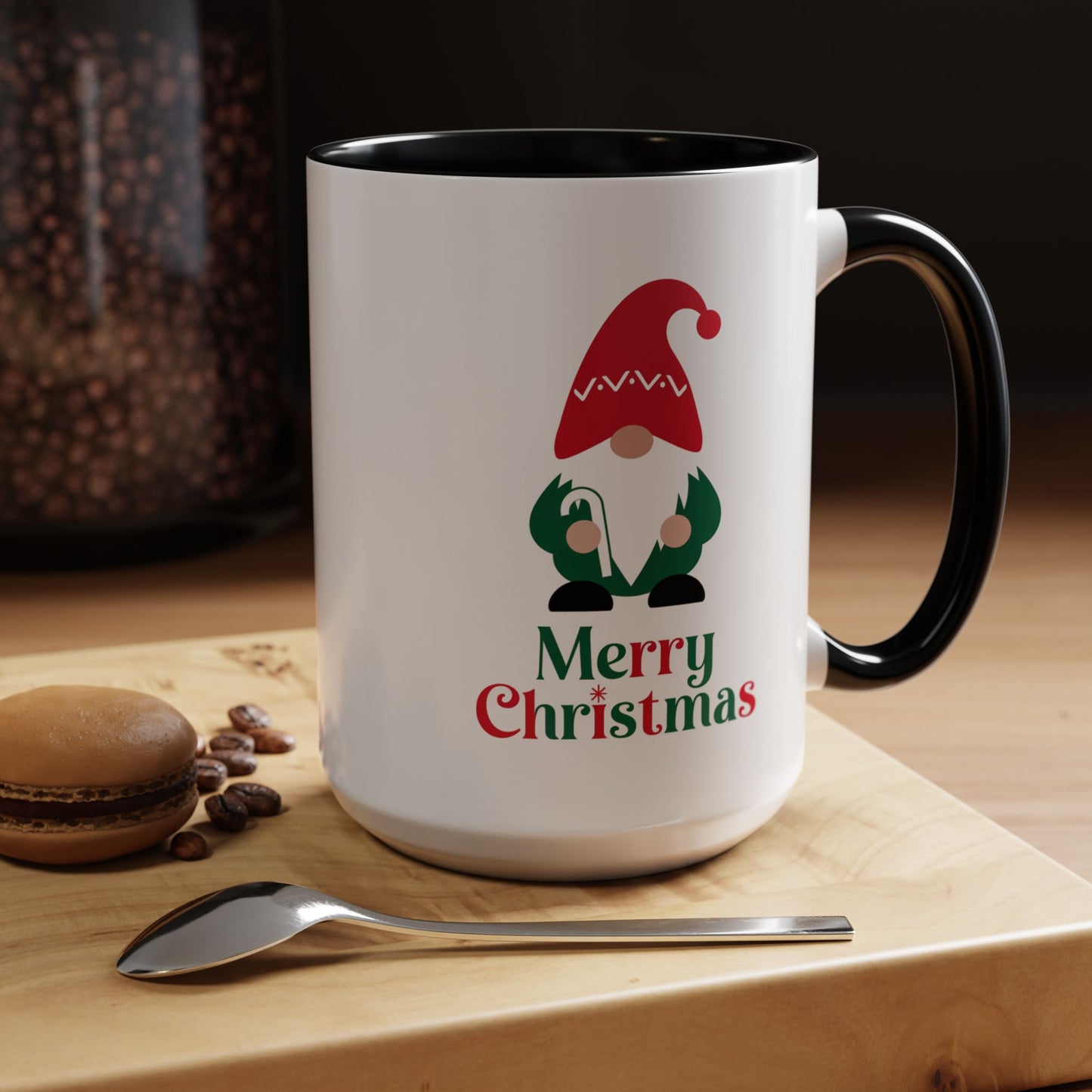 Christmas Mug - Merry Christmas Green & Red Text Gnome Candy Cane