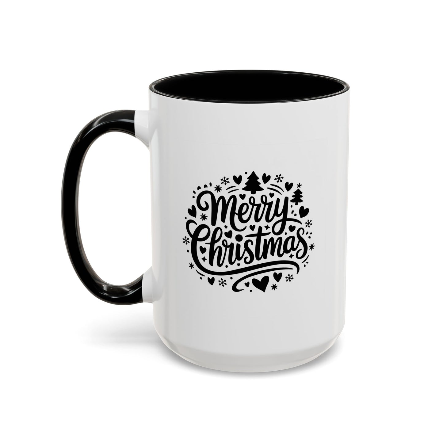 Christmas Mug - Merry Christmas Black Text Trees Snowflakes Hearts