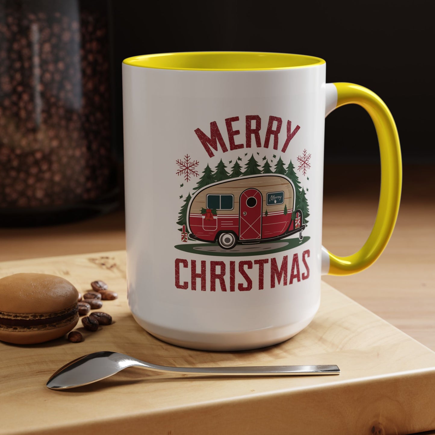 Christmas Mug - Merry Christmas Maroon Text Camper Trees Snowflakes
