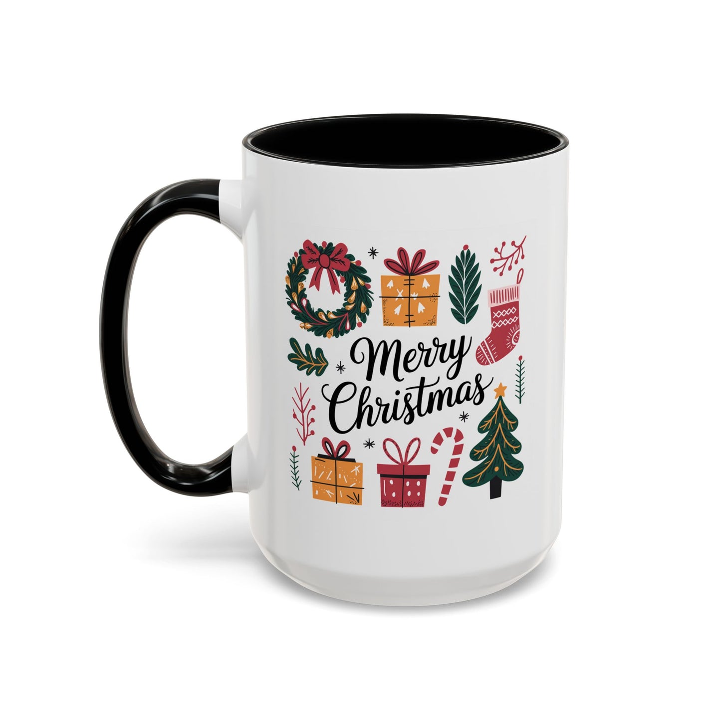 Christmas Mug - Merry Christmas Green Text Presents Tree Candy Cane