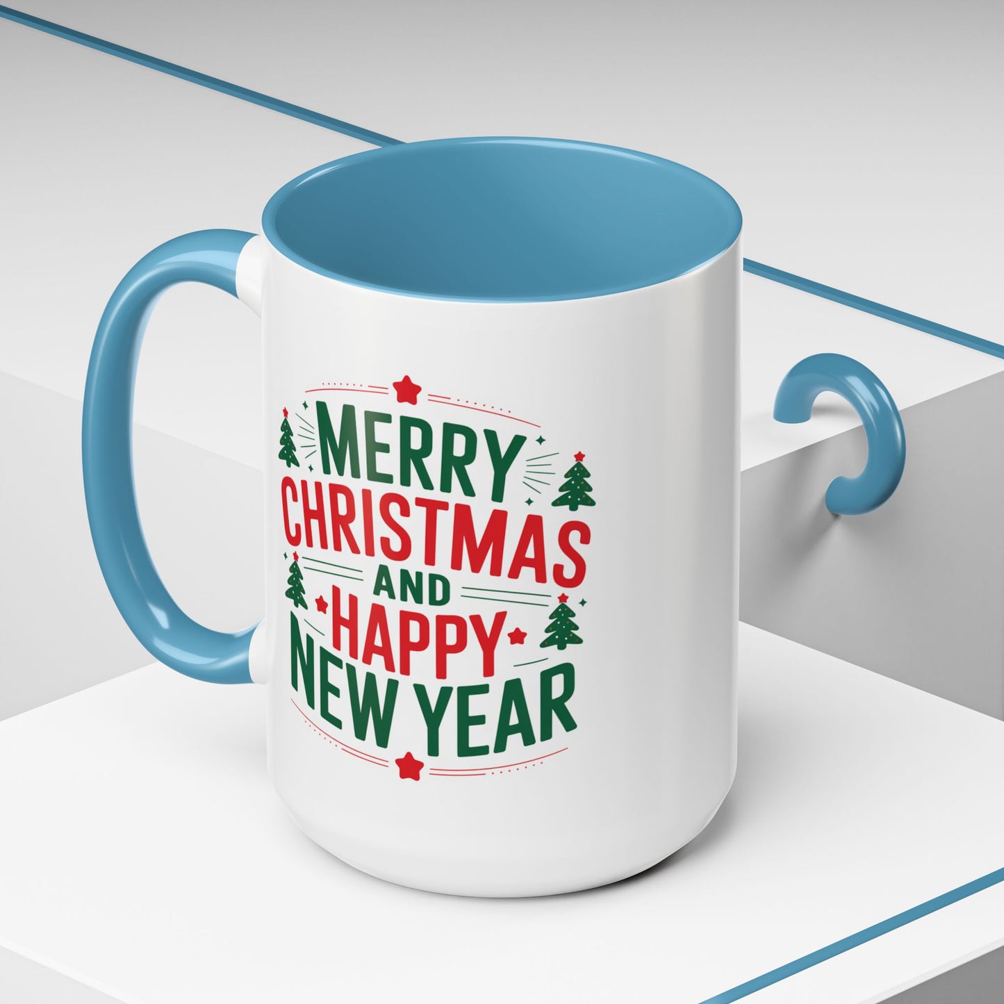 Christmas Mug - Merry Christmas and a Happy New Year Green & Red Text Trees Stars