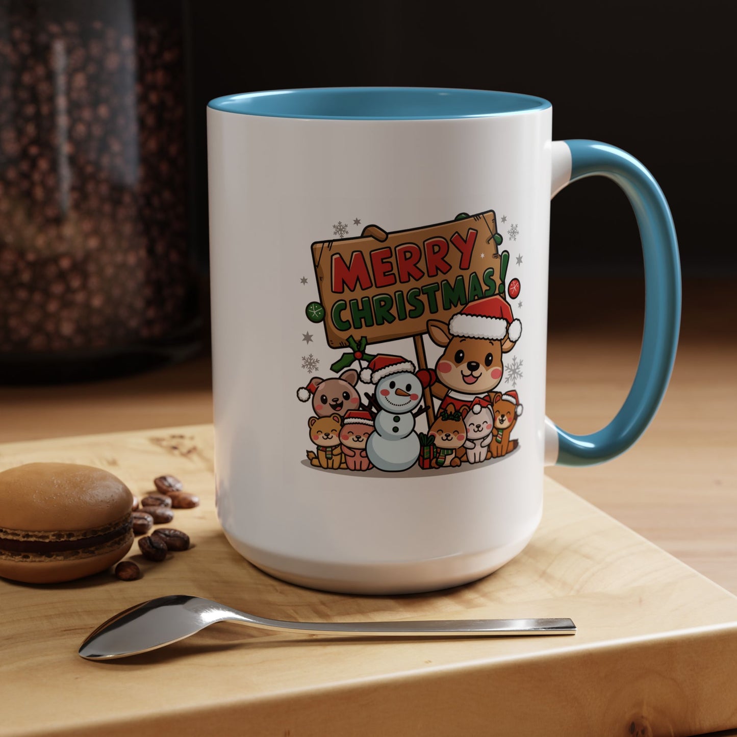 Christmas Mug - Merry Christmas Red & Green Text Reindeer Snowman