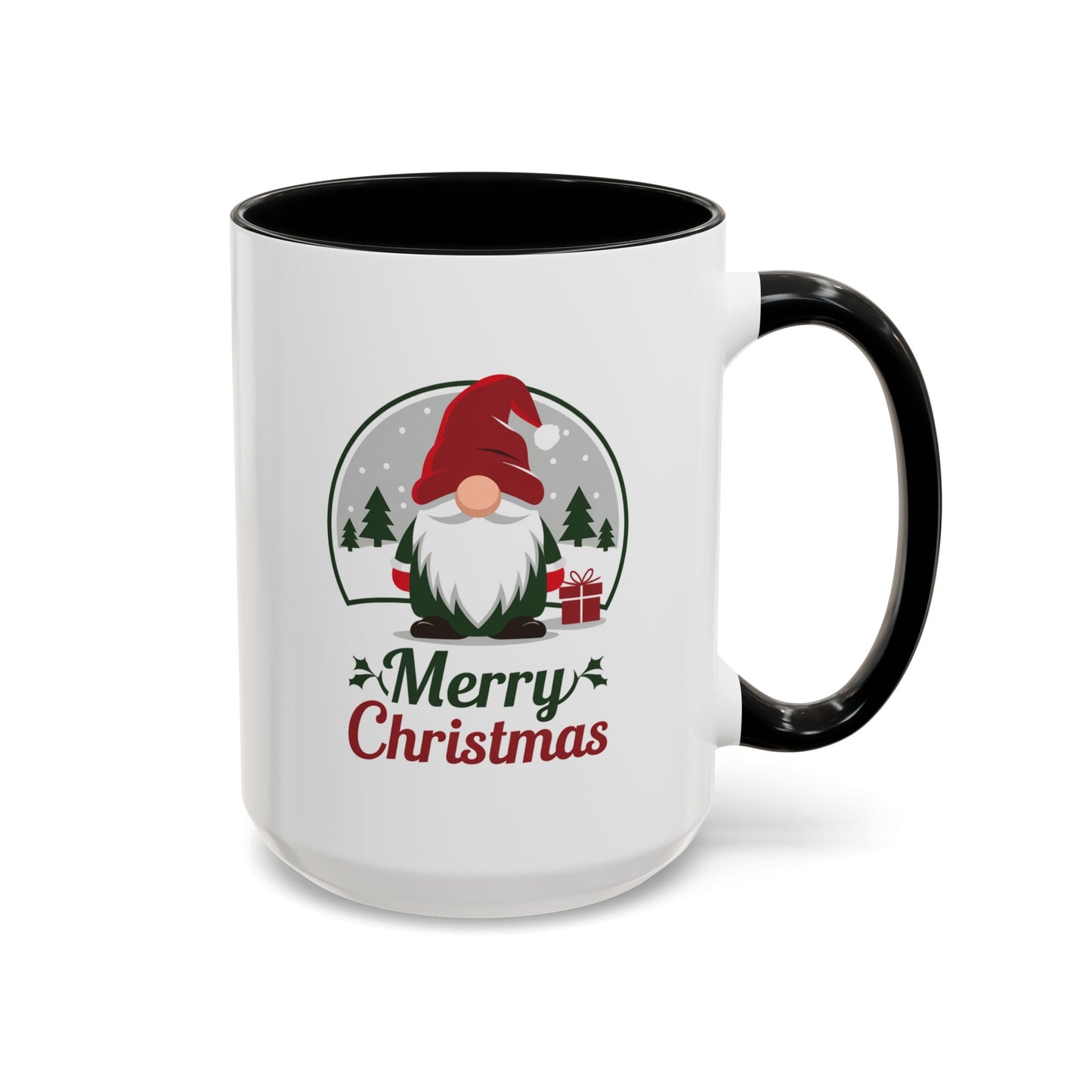 Christmas Mug - Merry Christmas Green & Red Text Gnome Present Trees