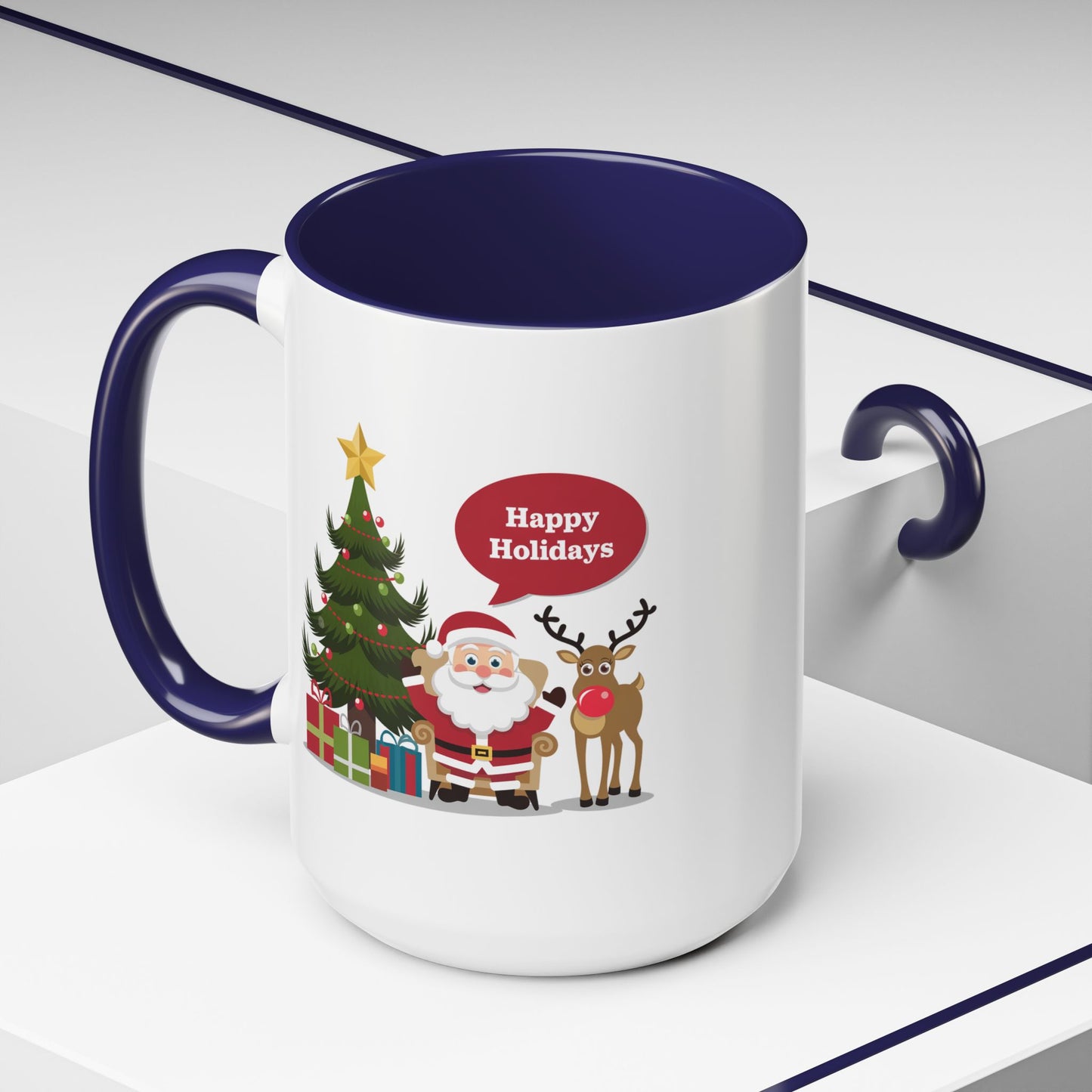 Christmas Mug - Happy Holidays Callout Santa Tree Presents Reindeer