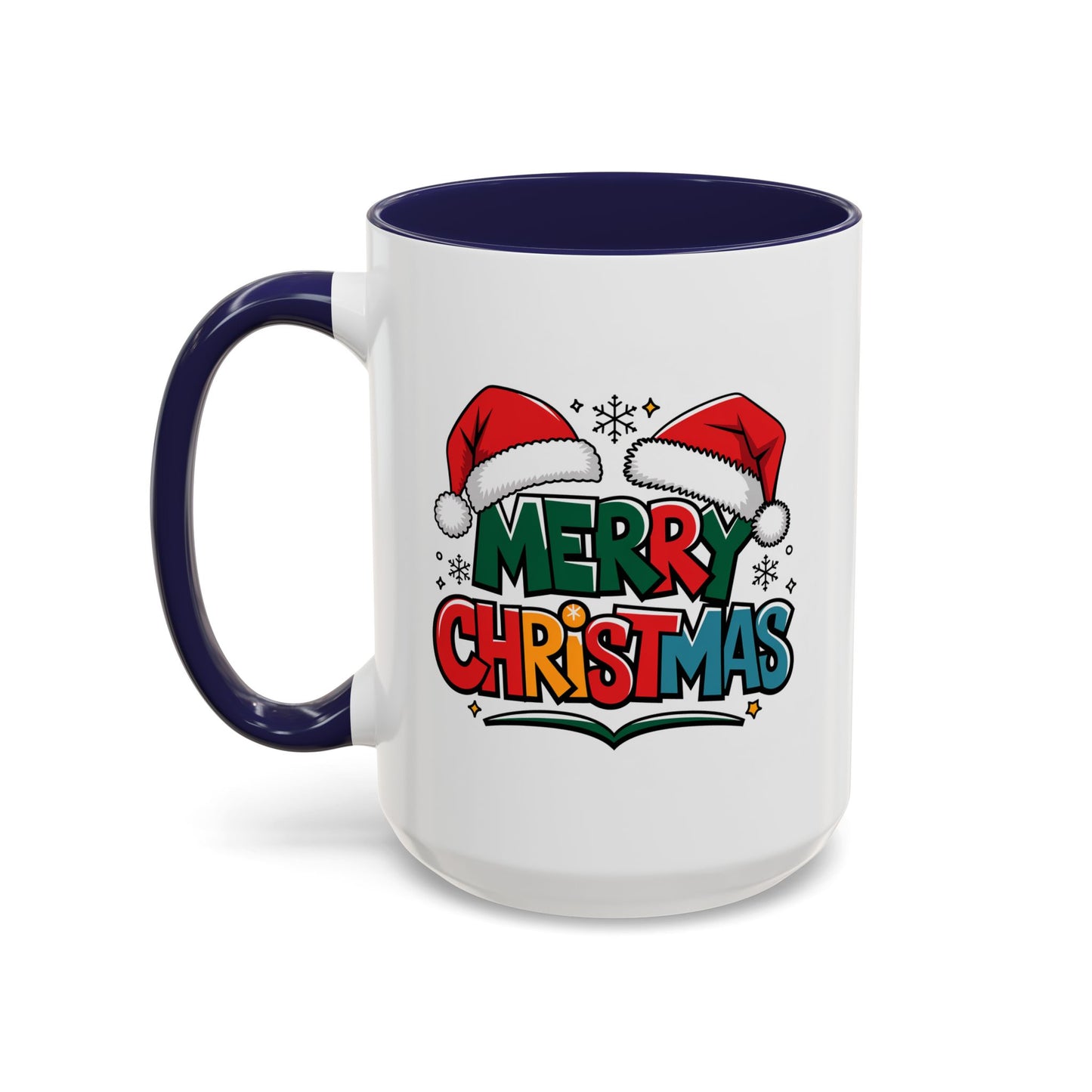 Christmas Mug - Merry Christmas Green Red Yellow and Blue Text Red Hats