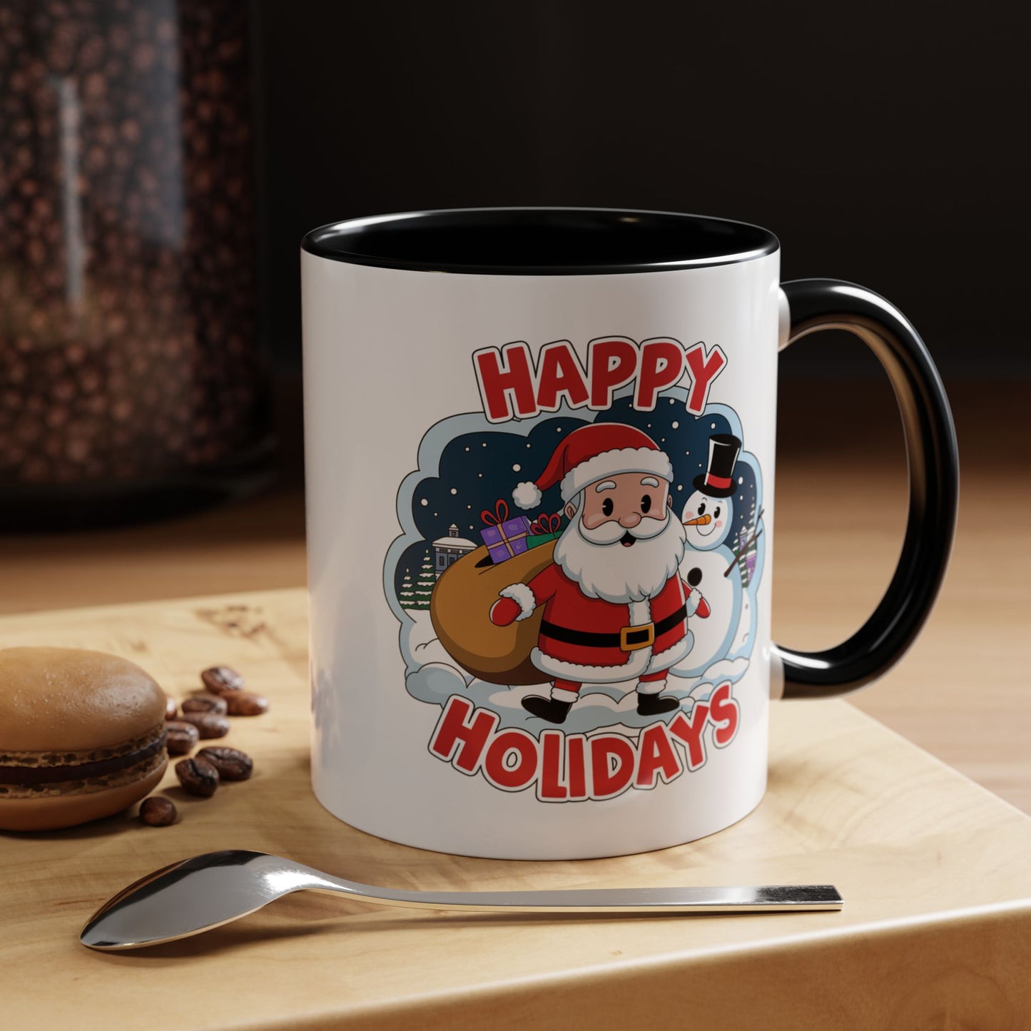 Christmas Mug - Happy Holidays Red & White Text Santa Snowman
