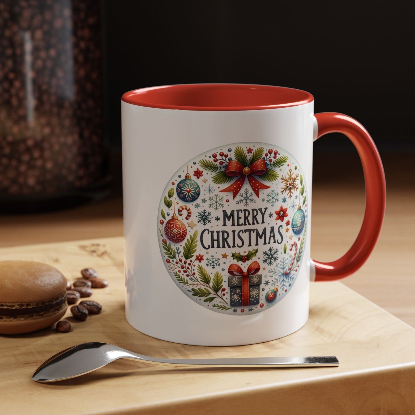 Christmas Mug - Merry Christmas Blue Text Bow Present Ornaments