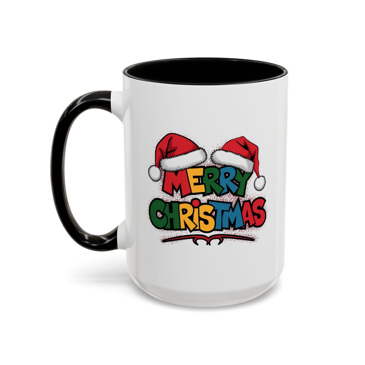 Christmas Mug - Merry Christmas Red Yellow & Blue Text Red Hats