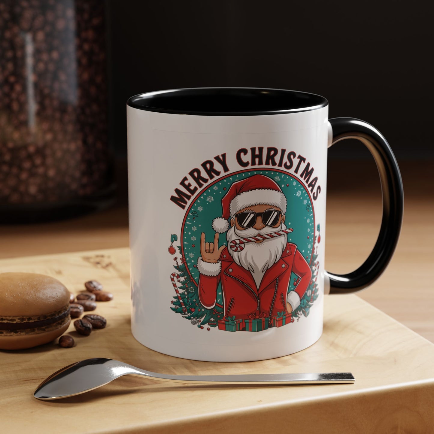 Christmas Mug - Merry Christmas Black & Red Text Cool Santa