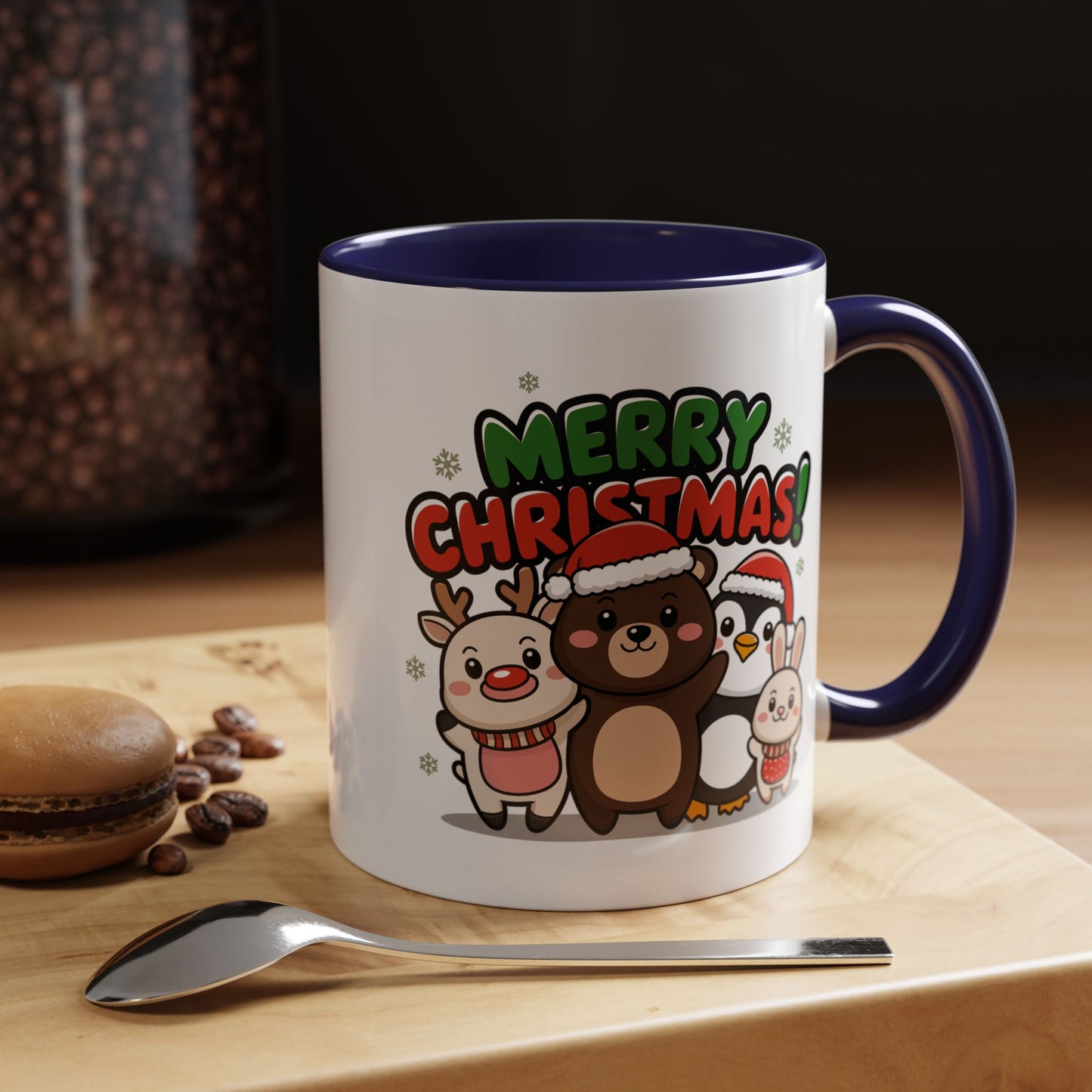 Christmas Mug - Merry Christmas Green & Red Text Cute Animals