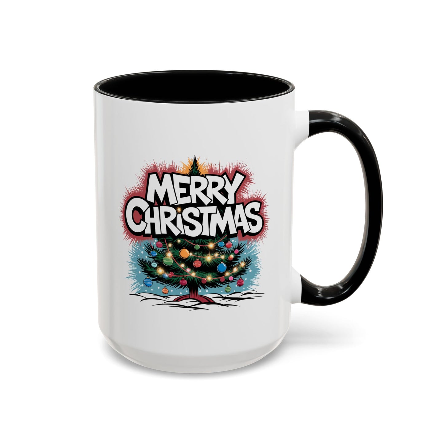 Christmas Mug - Merry Christmas White & Red Text Tree Lights