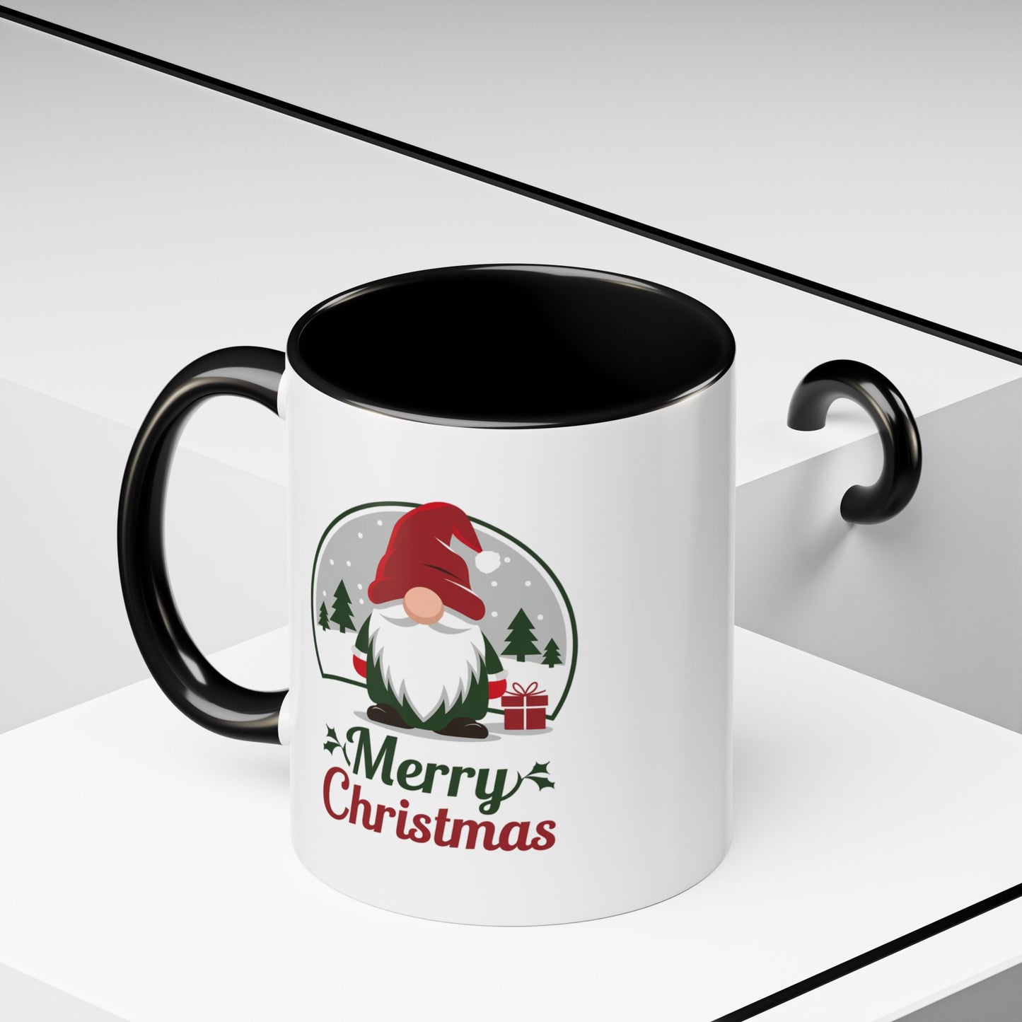 Christmas Mug - Merry Christmas Green & Red Text Gnome Present Trees