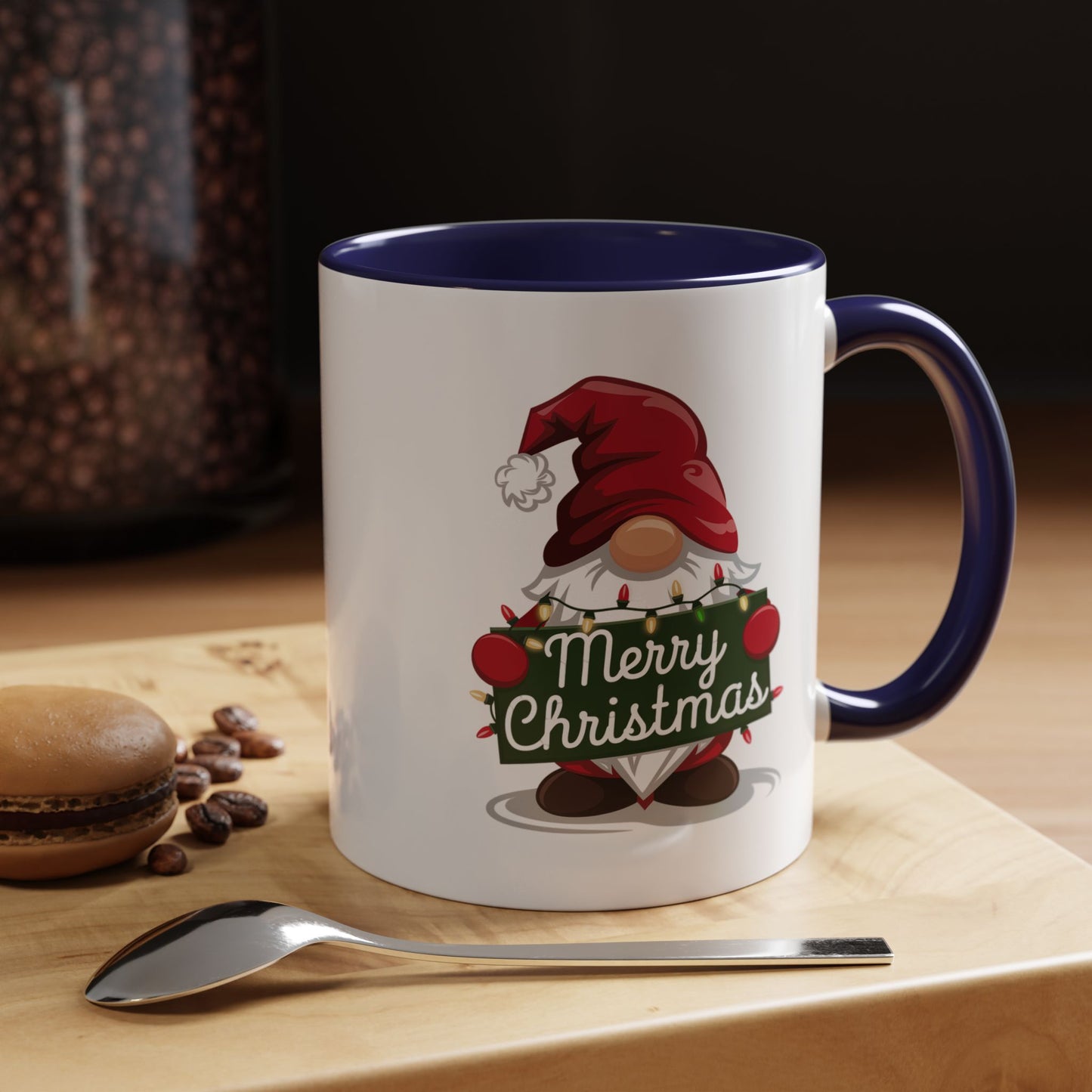 Christmas Mug - Merry Christmas White & Green Text Gnome Lights