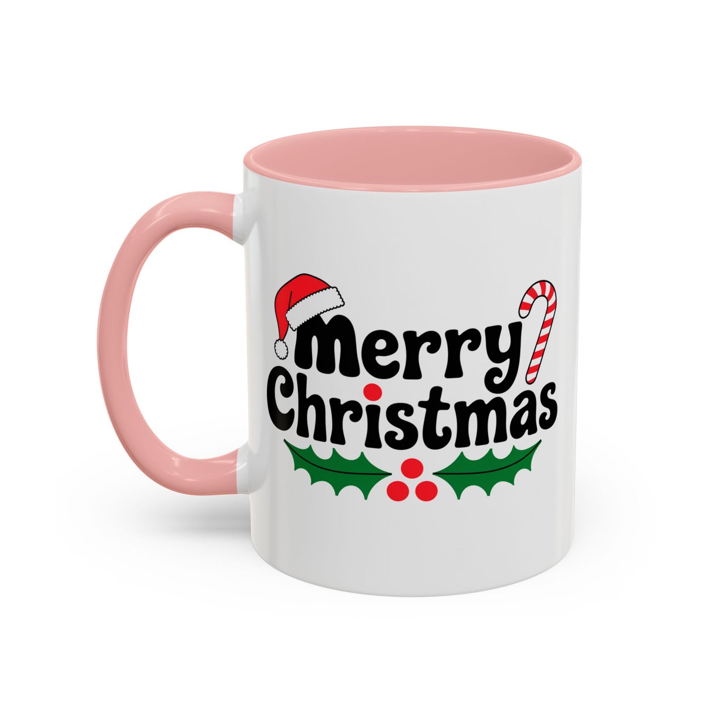 Christmas Mug - Merry Christmas Black Text Hat Candy Cane Mistletoe