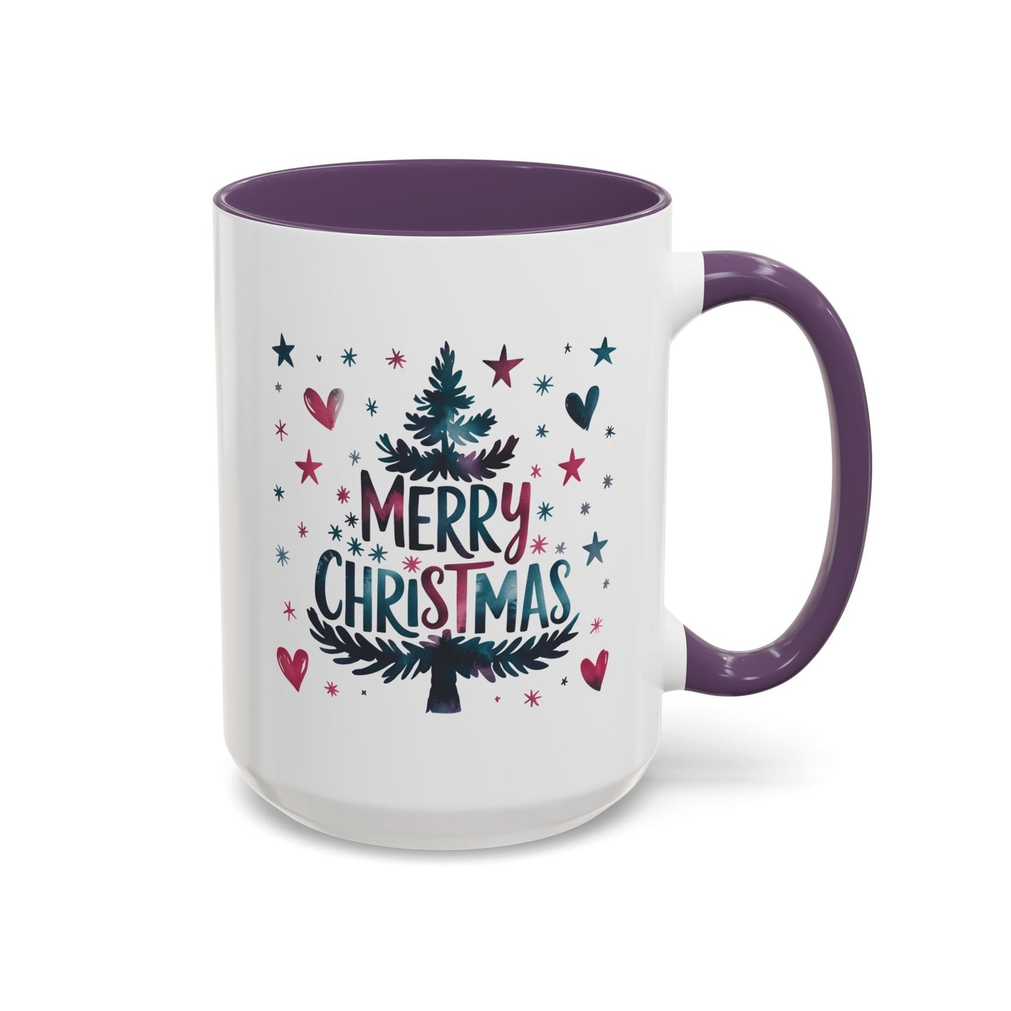 Christmas Mug - Merry Christmas Maroon & Blue Text Tree Hearts Stars