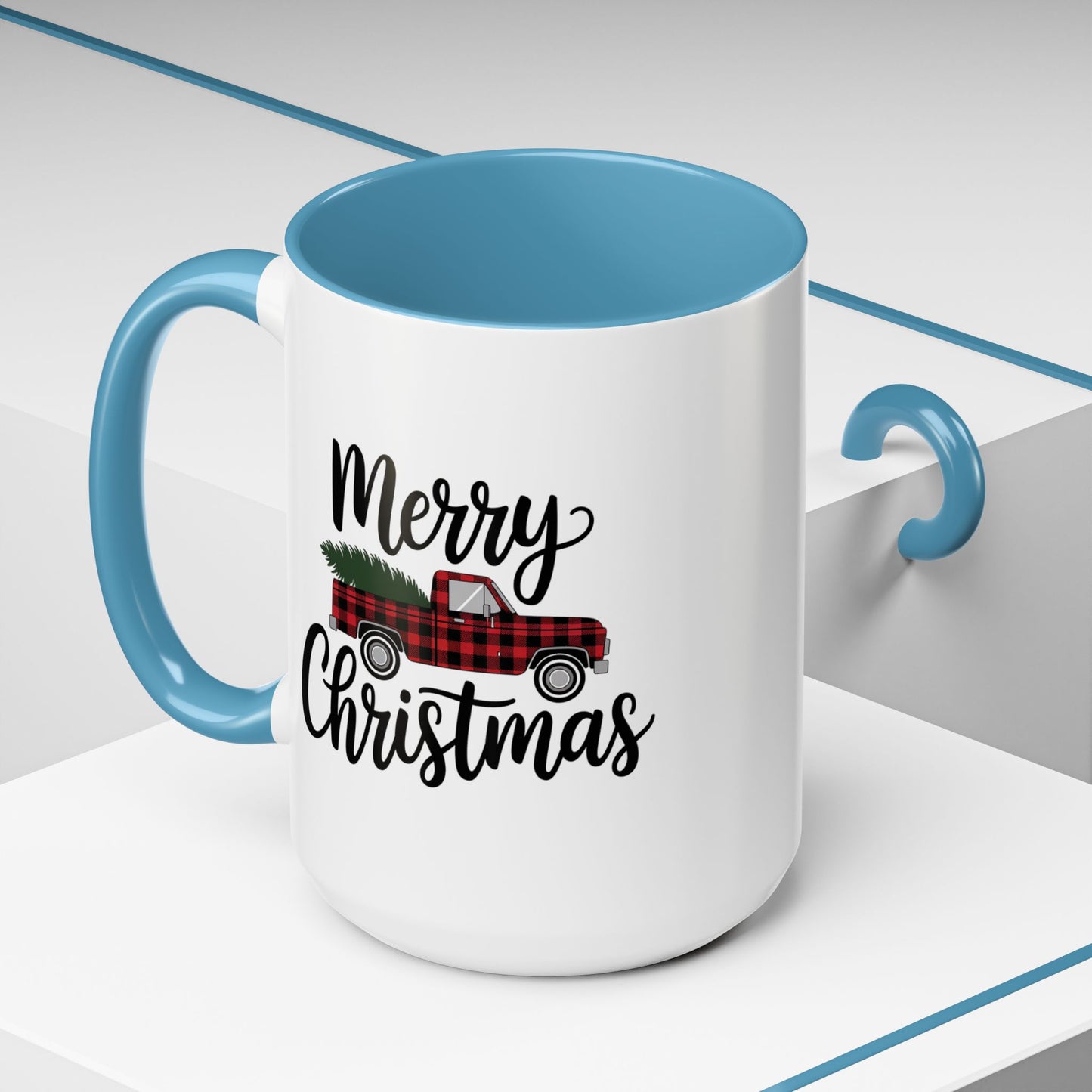 Christmas Mug - Merry Christmas Black Text Tartan Truck