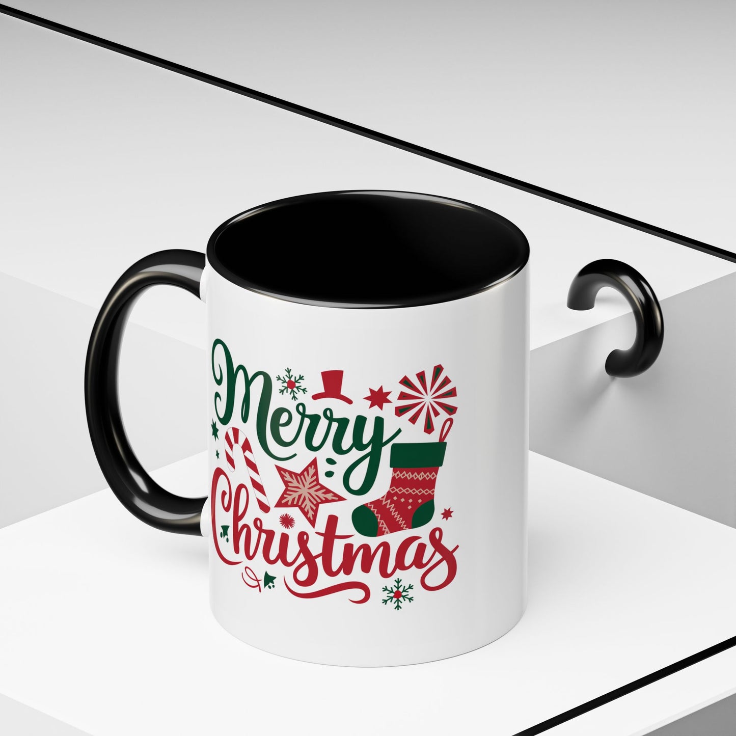 Christmas Mug - Merry Christmas Green & Red Text Star Candy Cane Stocking Snowflake
