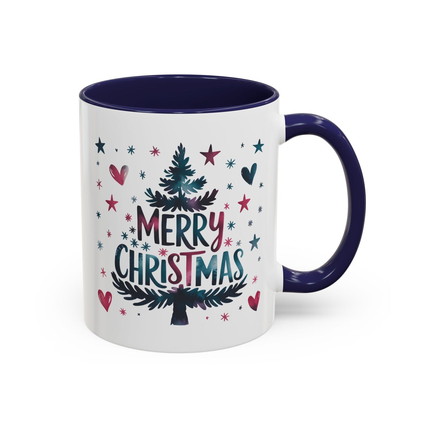 Christmas Mug - Merry Christmas Maroon & Blue Text Tree Hearts Stars