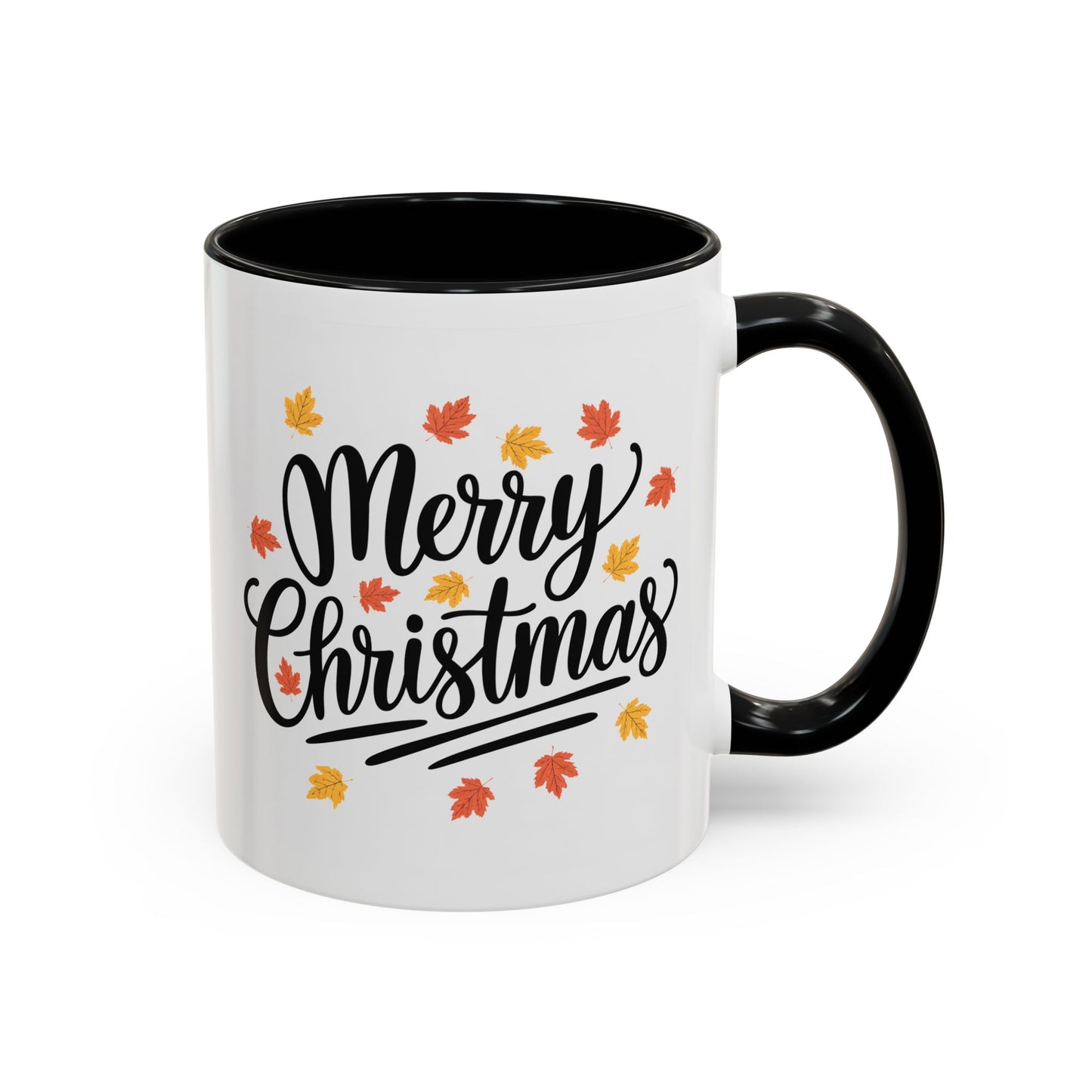 Christmas Mug - Merry Christmas Black Text Fall Leaves