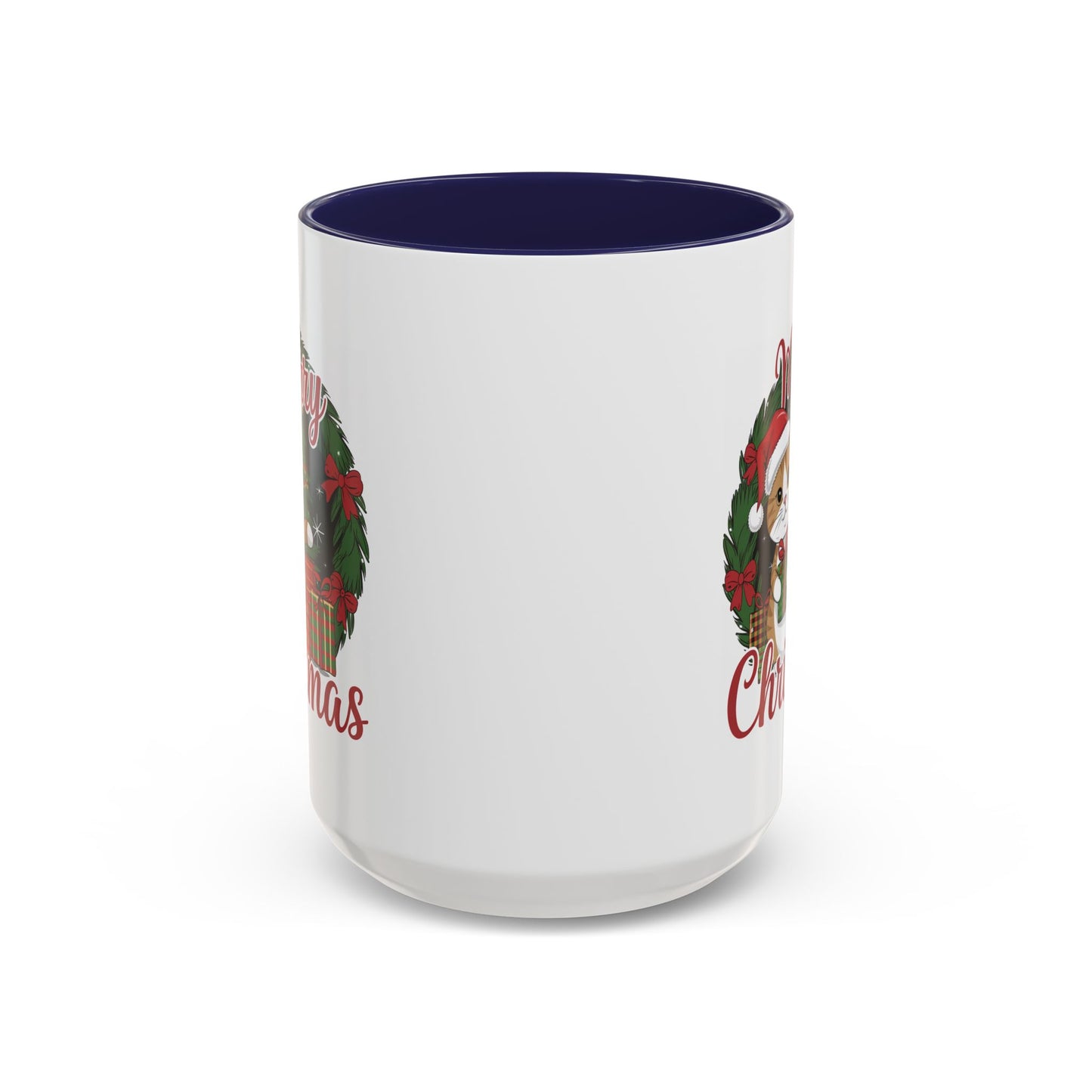 Christmas Mug - Merry Christmas Red Text Cat Presents Wreath