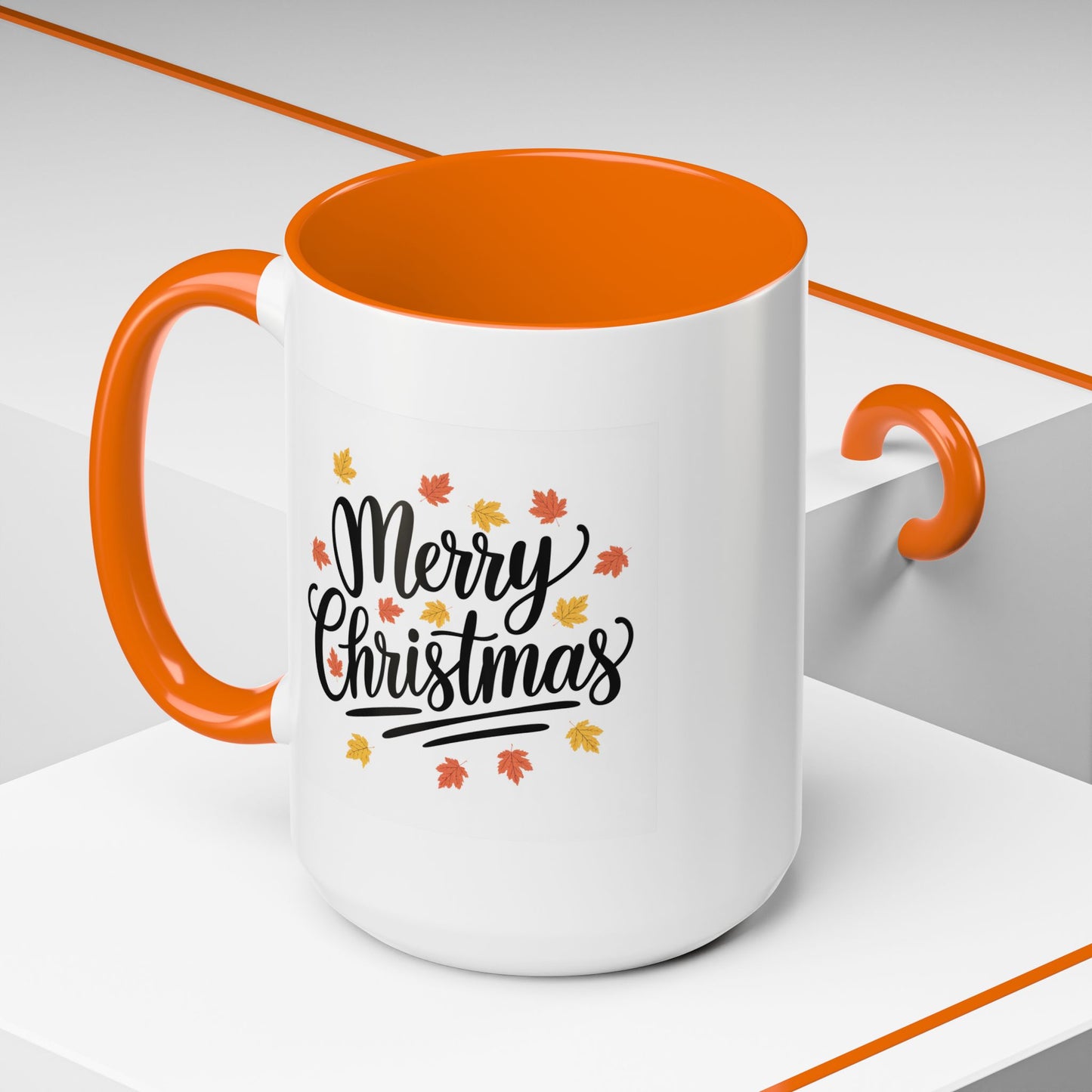 Christmas Mug - Merry Christmas Black Text Fall Leaves