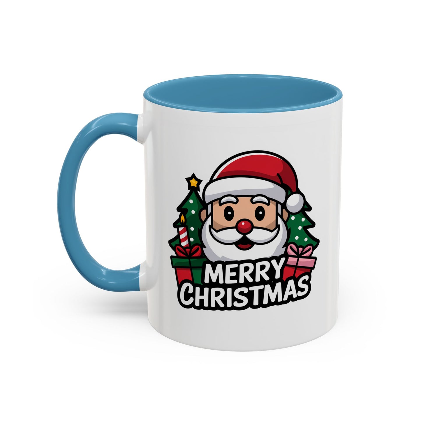 Christmas Mug - Merry Christmas White & Black Text Santa Trees Presents