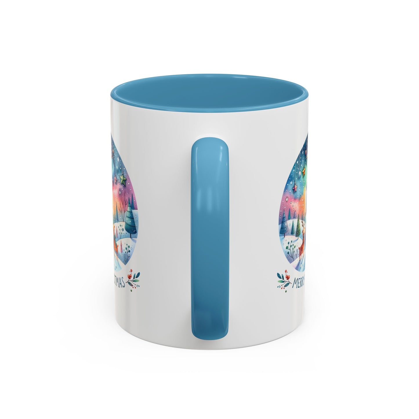 Christmas Mug - Merry Christmas Blue Text Snowman Star Reindeer