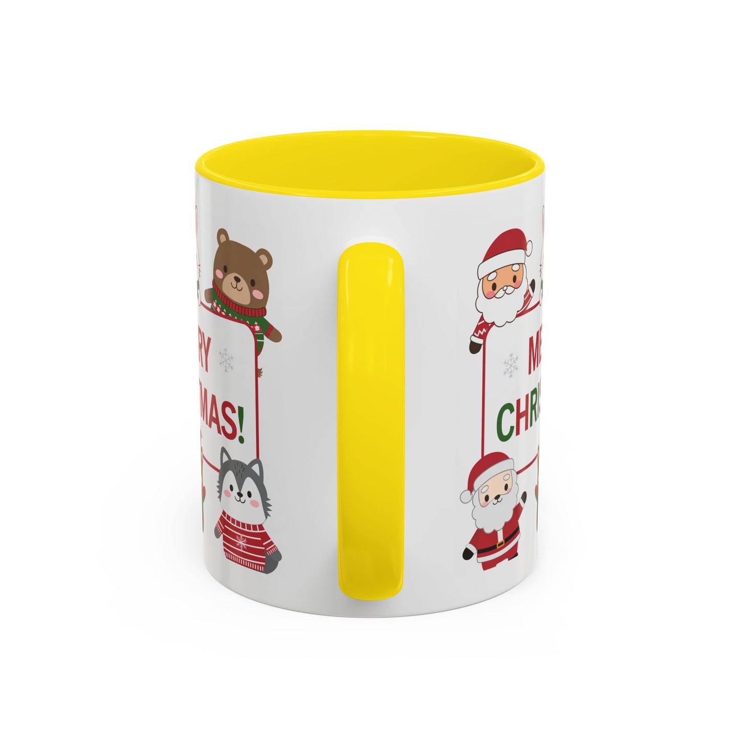 Christmas Mug - Merry Christmas Red & Green Text Santa Cute Animals