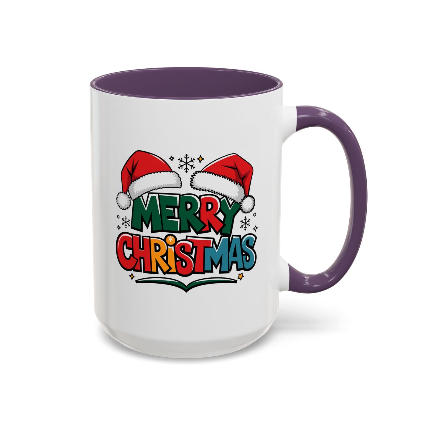 Christmas Mug - Merry Christmas Green Red Yellow and Blue Text Red Hats