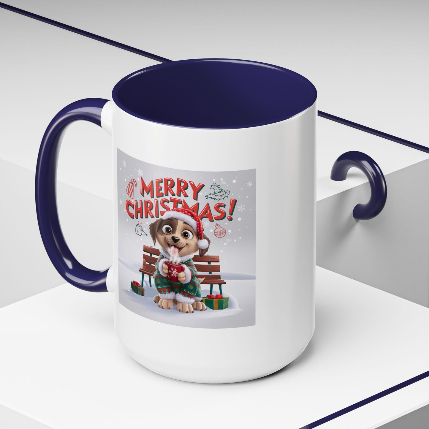 Christmas Mug - Merry Christmas Red Text Puppy Green Top
