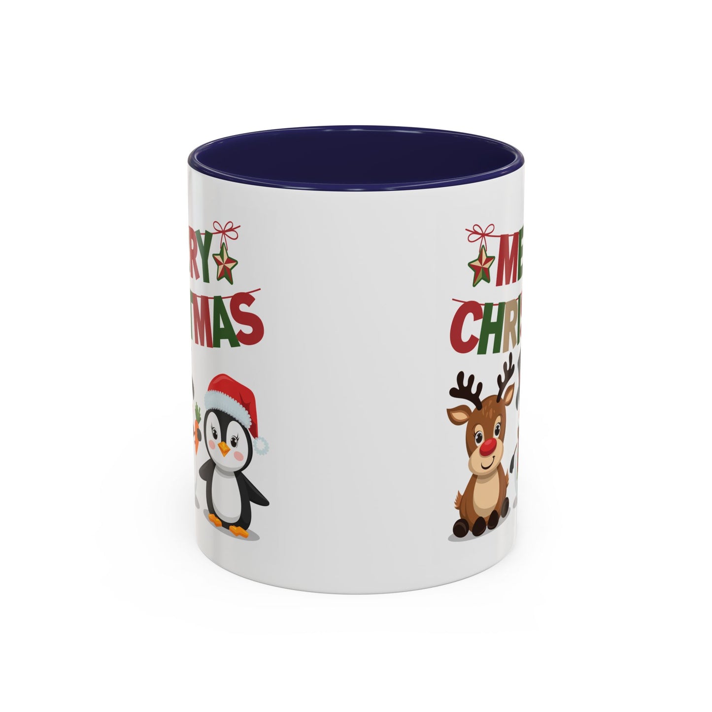 Christmas Mug - Red Green & Gold Text Reindeer Snowman Penguin