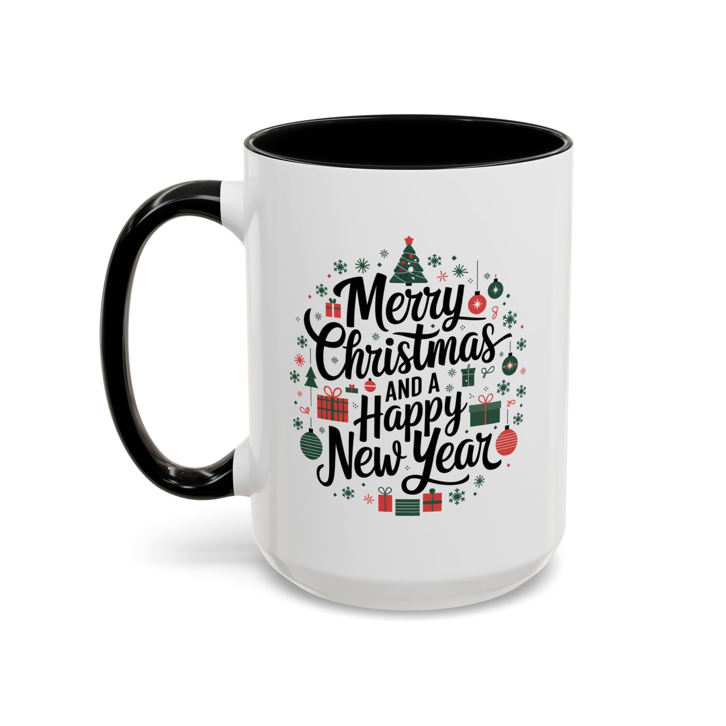 Christmas Mug - Merry Christmas and a Happy New Year Black Text Tree Ornaments Presents