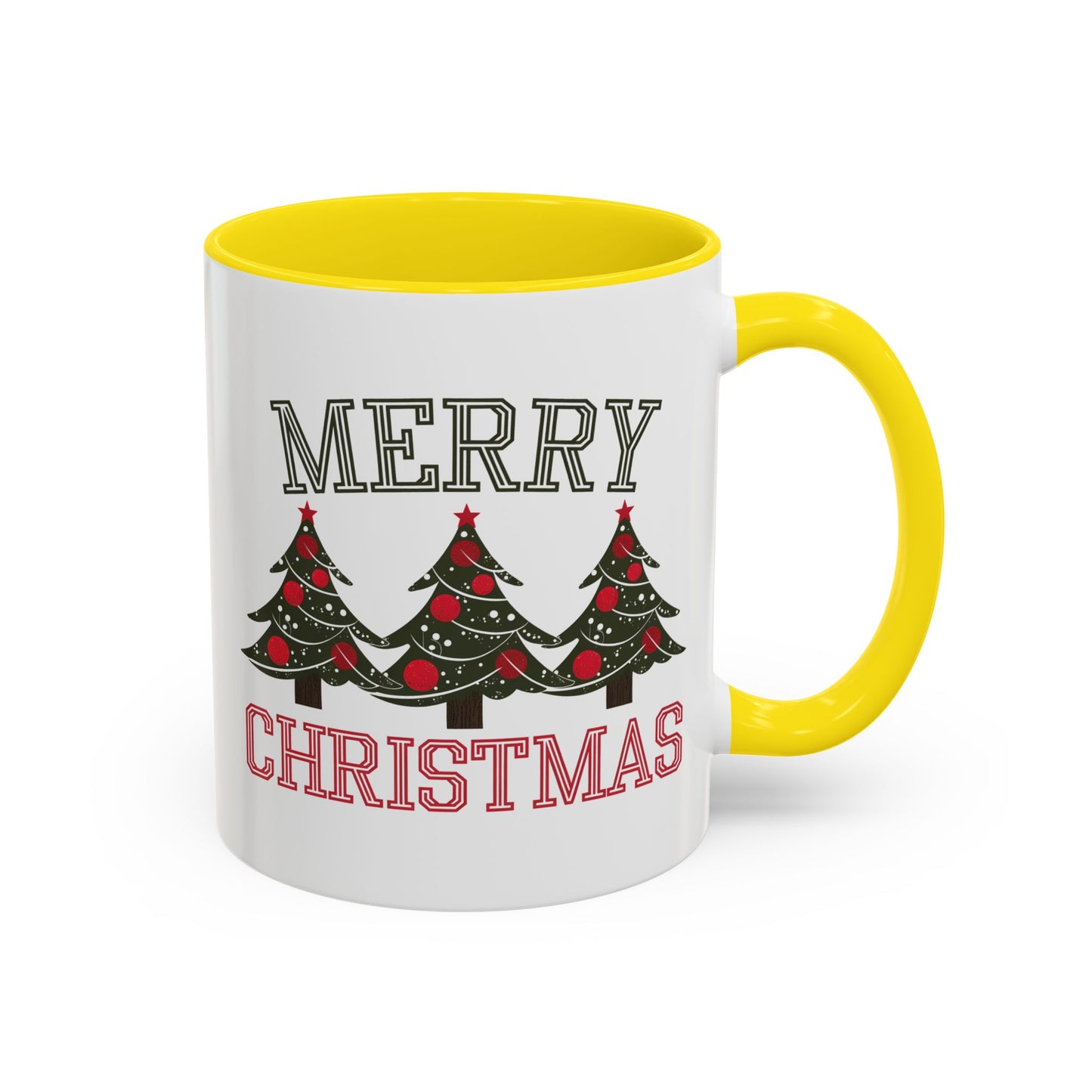 Christmas Mug - Merry Christmas Green & Red Text Decorative Trees