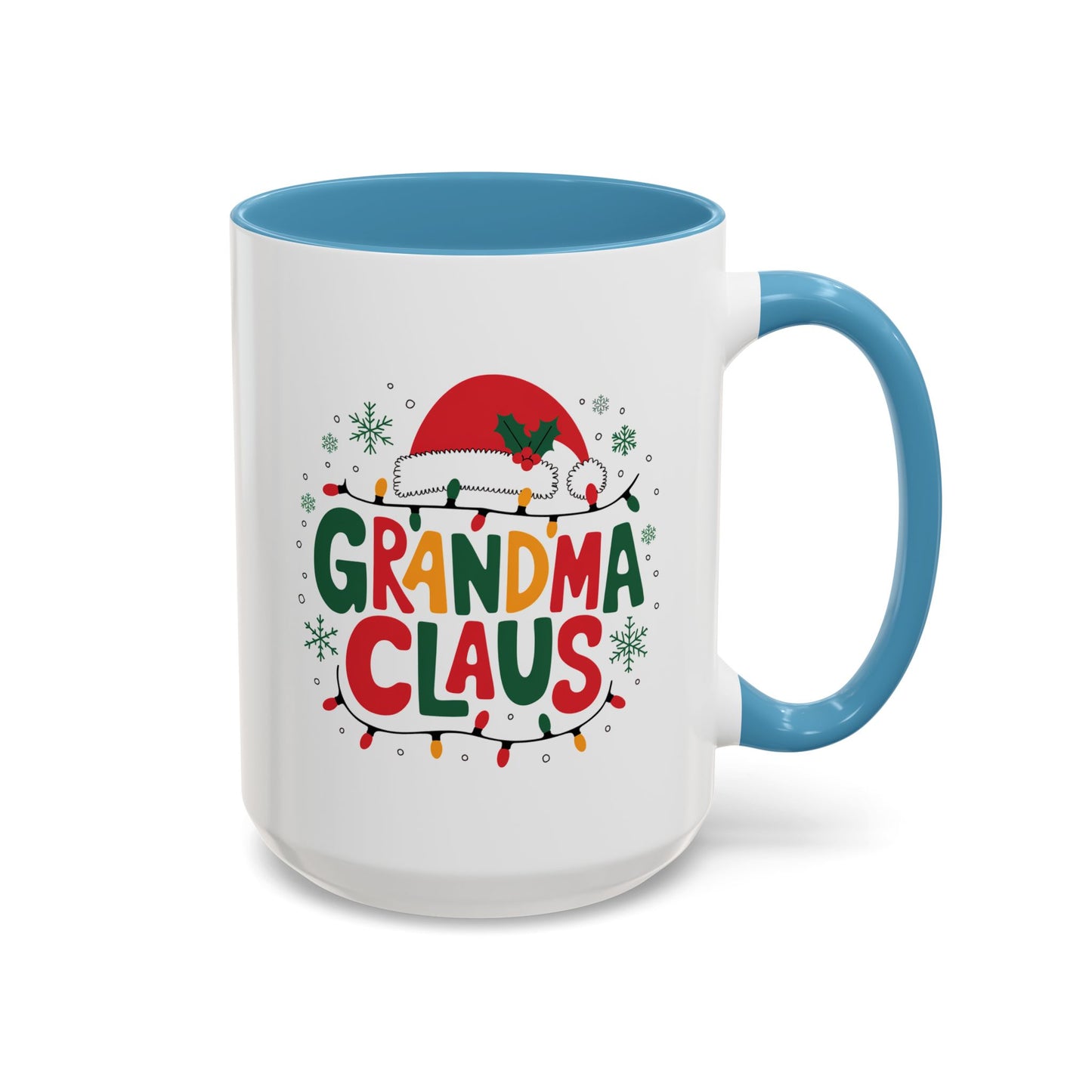 Christmas Mug - Grandma Claus Green Yellow & Red Text Hat Lights Stars