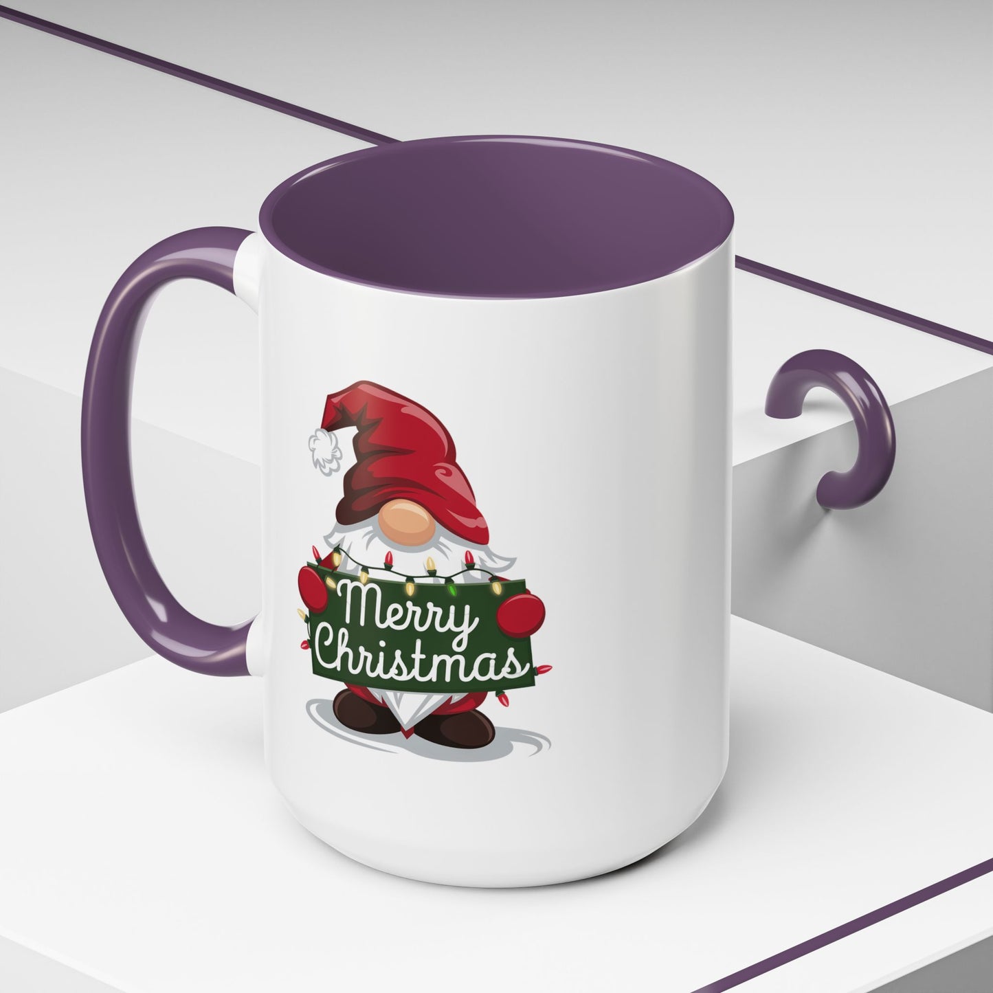 Christmas Mug - Merry Christmas White & Green Text Gnome Lights