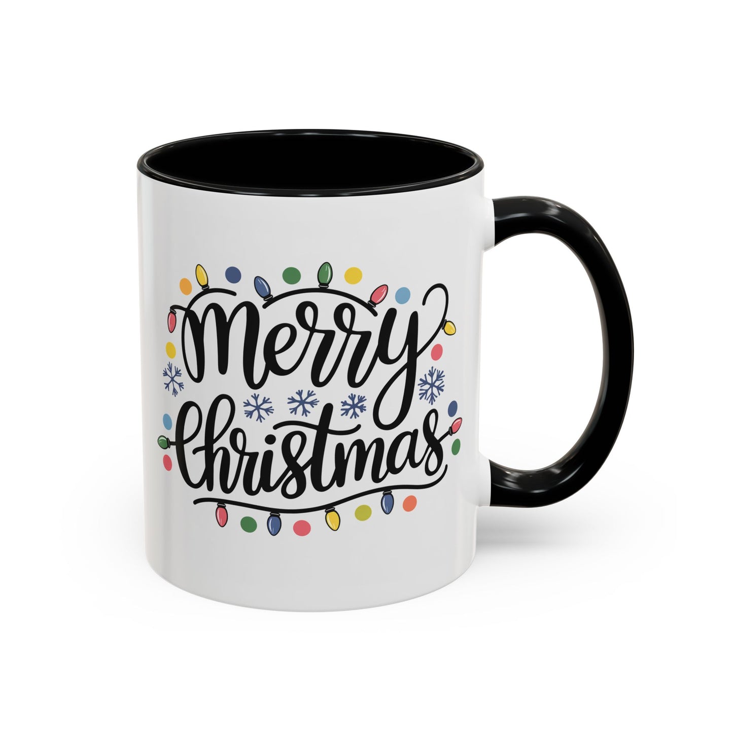 Christmas Mug - Merry Christmas Black Text Colored Lights