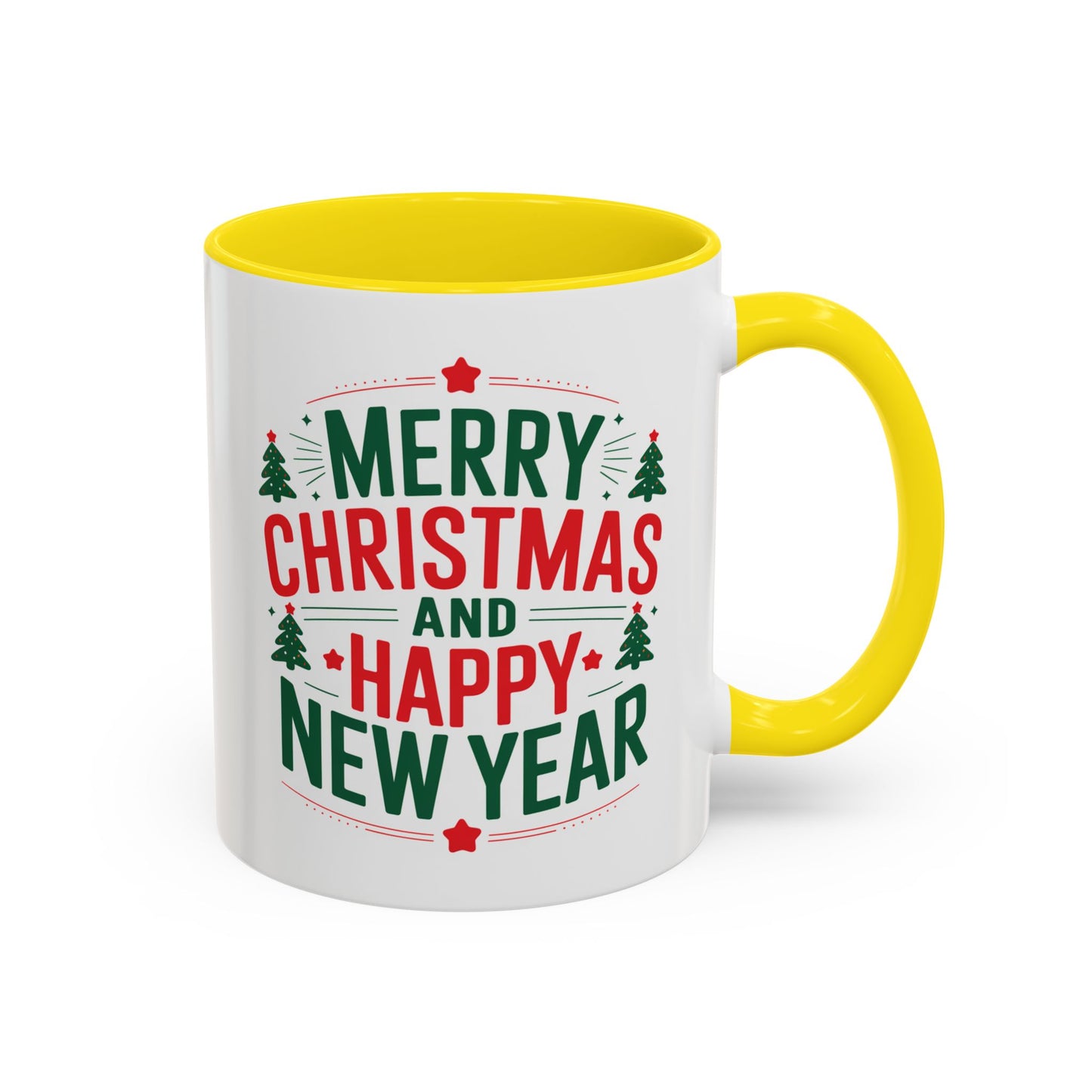 Christmas Mug - Merry Christmas and a Happy New Year Green & Red Text Trees Stars