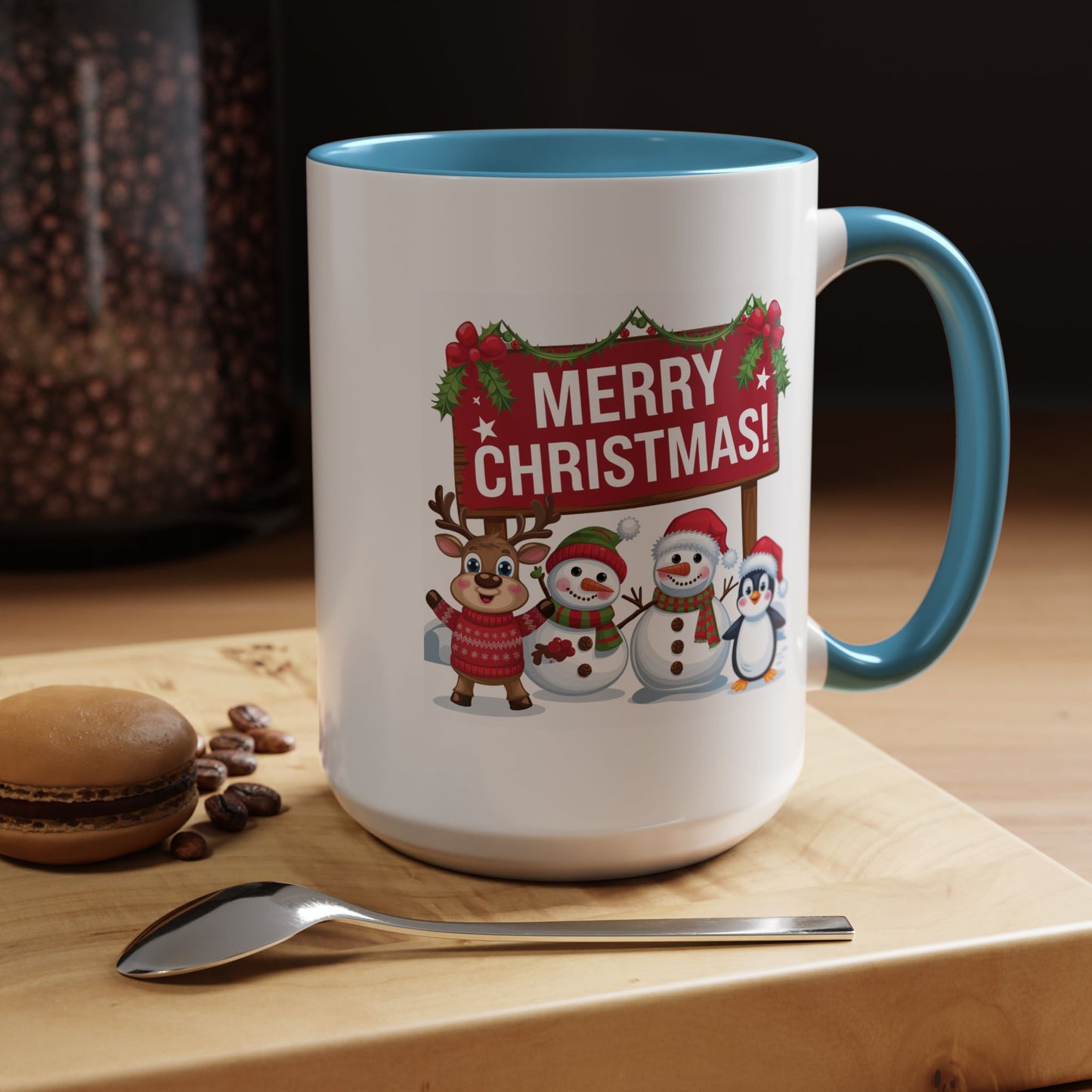 Christmas Mug - Merry Christmas White Text Reindeer Snowmen Penguin