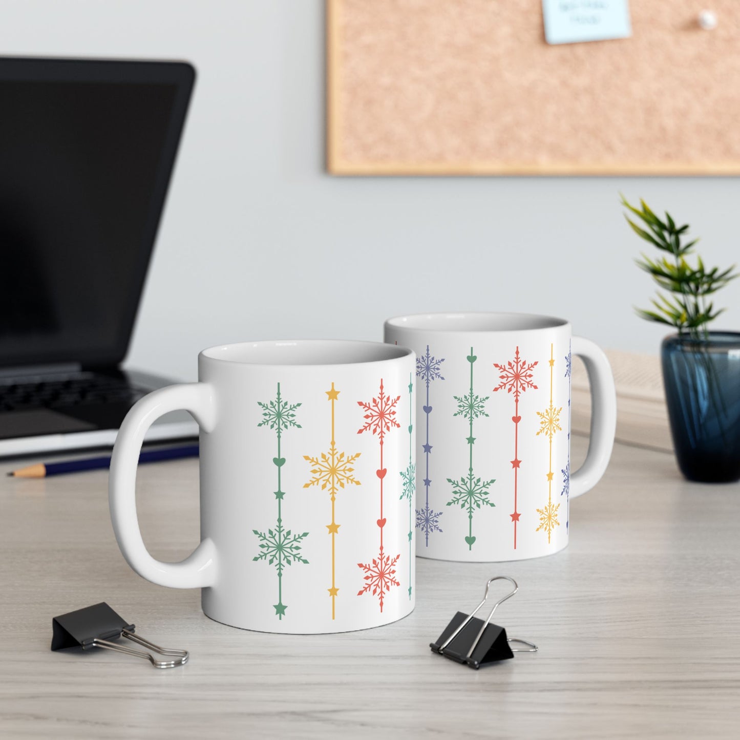 Christmas Mug - Green Yellow & Red Snowflakes Pattern