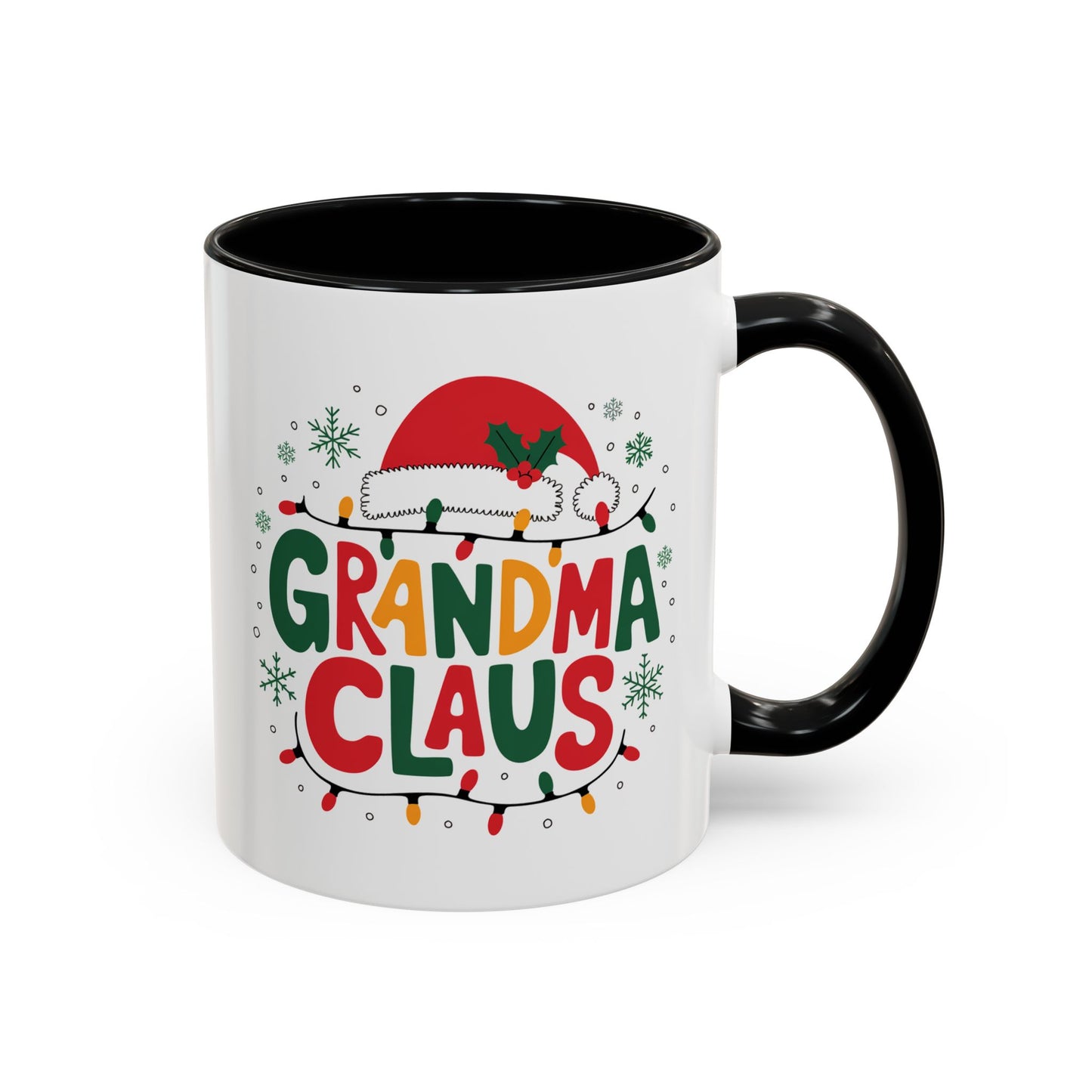 Christmas Mug - Grandma Claus Green Yellow & Red Text Hat Lights Stars