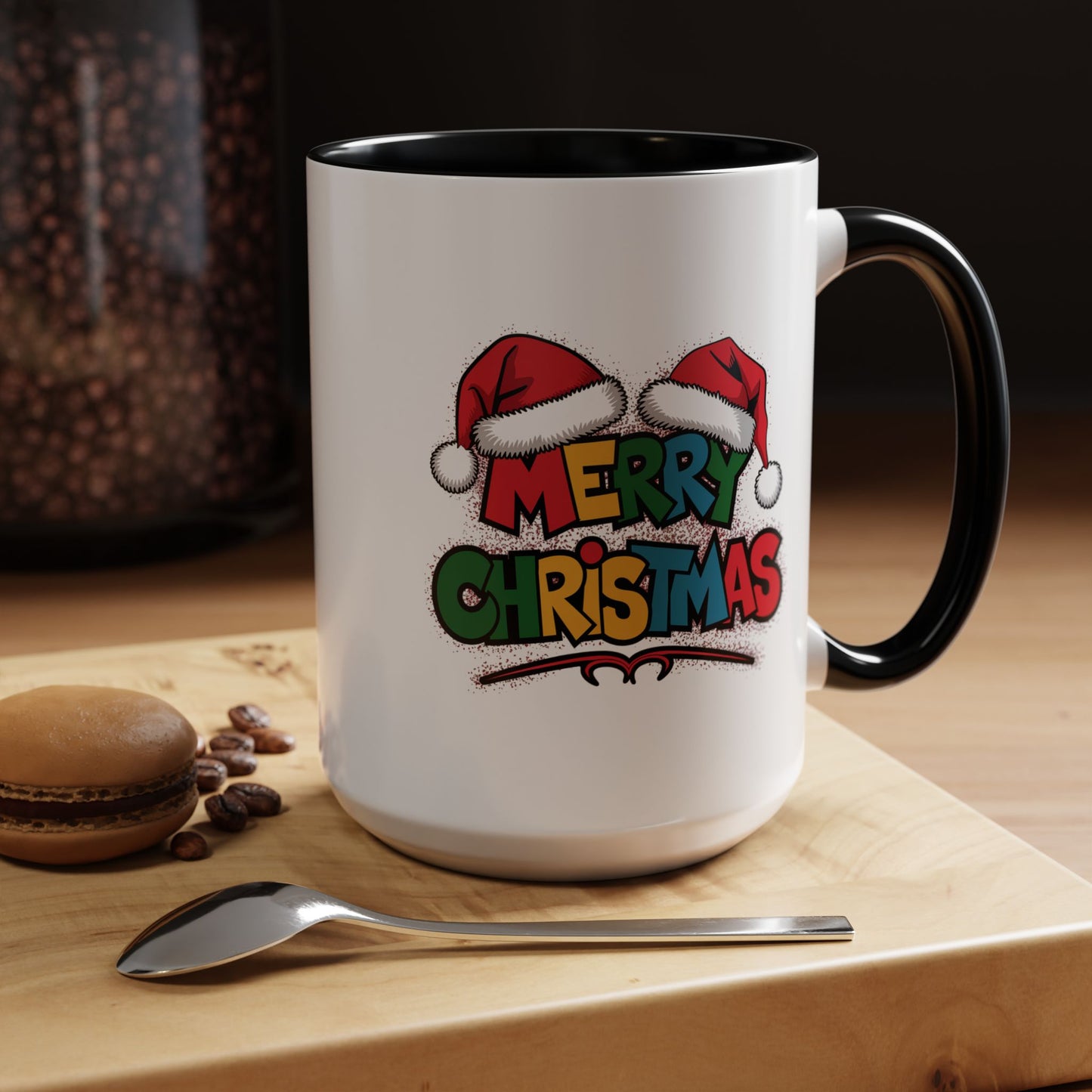 Christmas Mug - Merry Christmas Red Yellow & Blue Text Red Hats