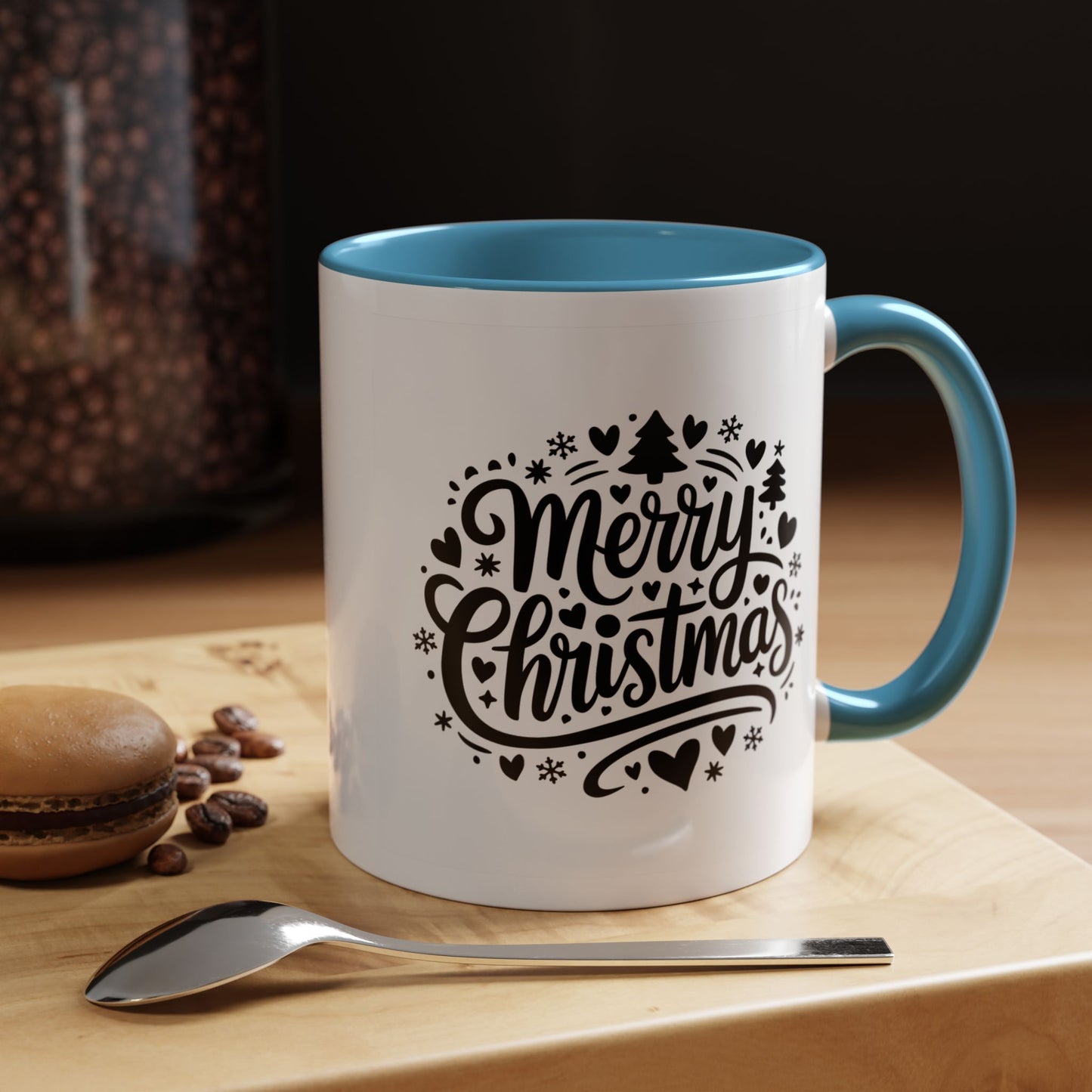 Christmas Mug - Merry Christmas Black Text Trees Snowflakes Hearts