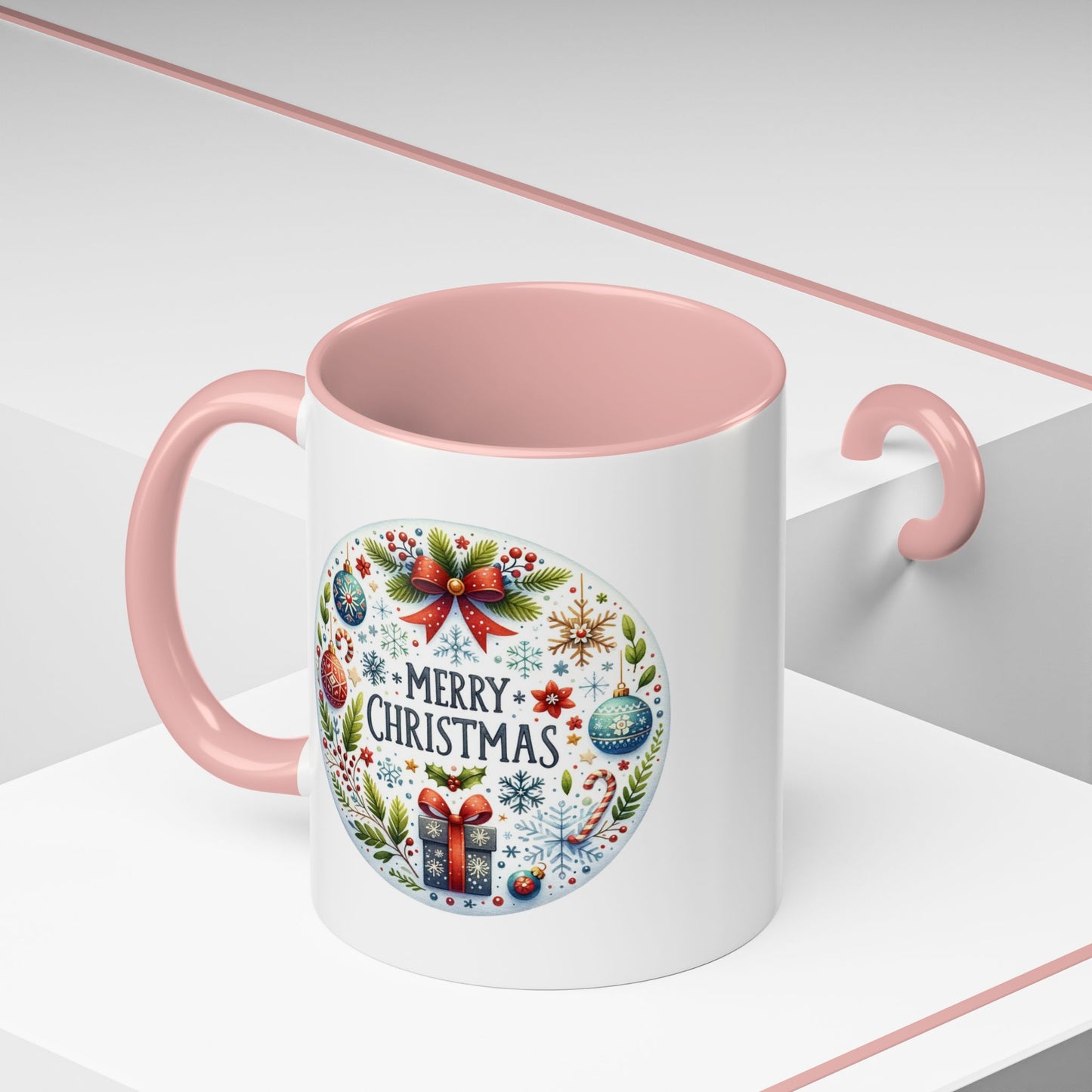 Christmas Mug - Merry Christmas Blue Text Bow Present Ornaments