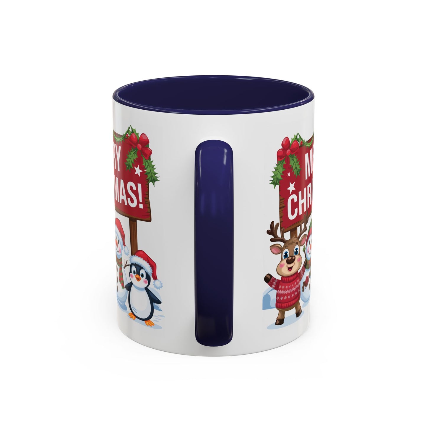 Christmas Mug - Merry Christmas White Text Reindeer Snowmen Penguin