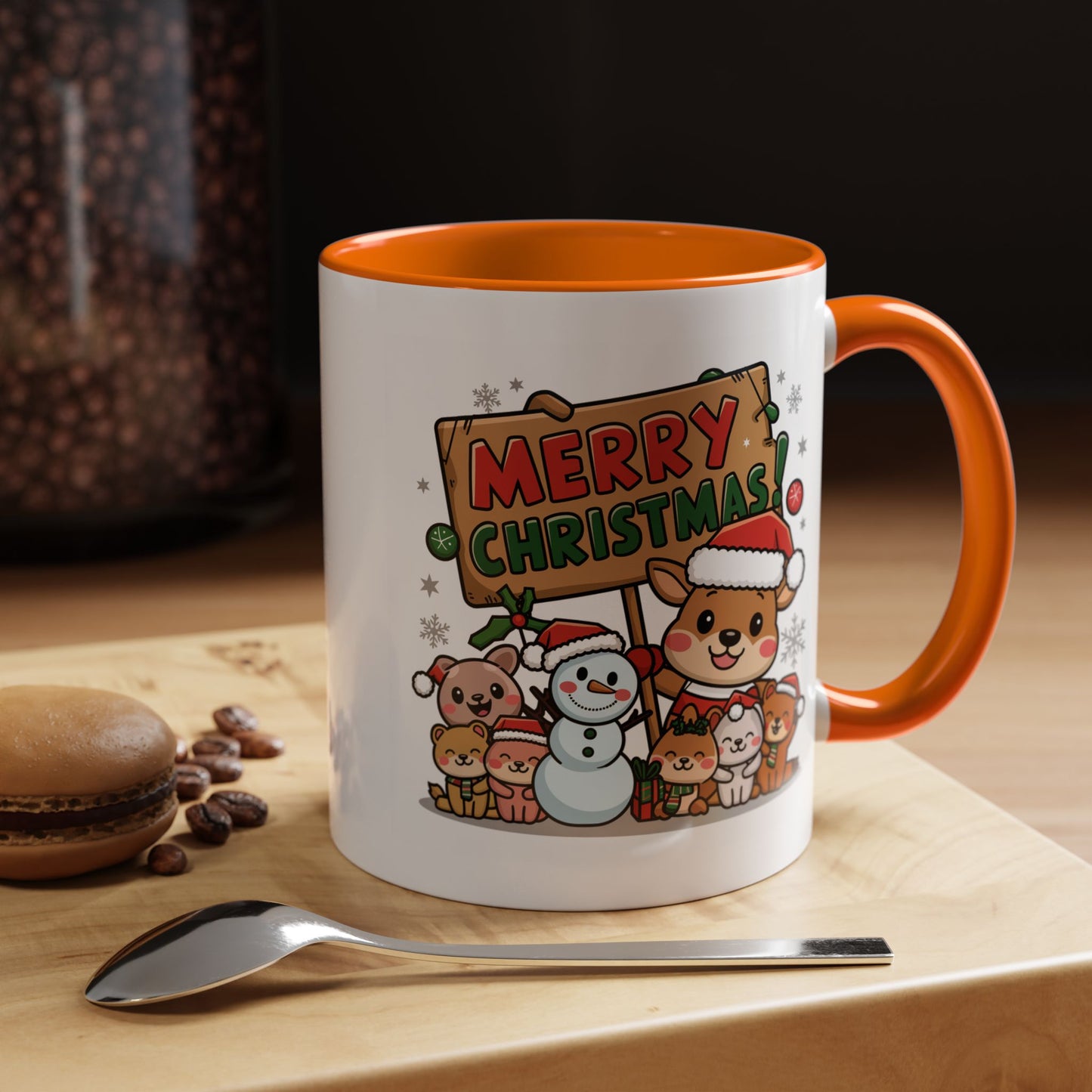 Christmas Mug - Merry Christmas Red & Green Text Reindeer Snowman