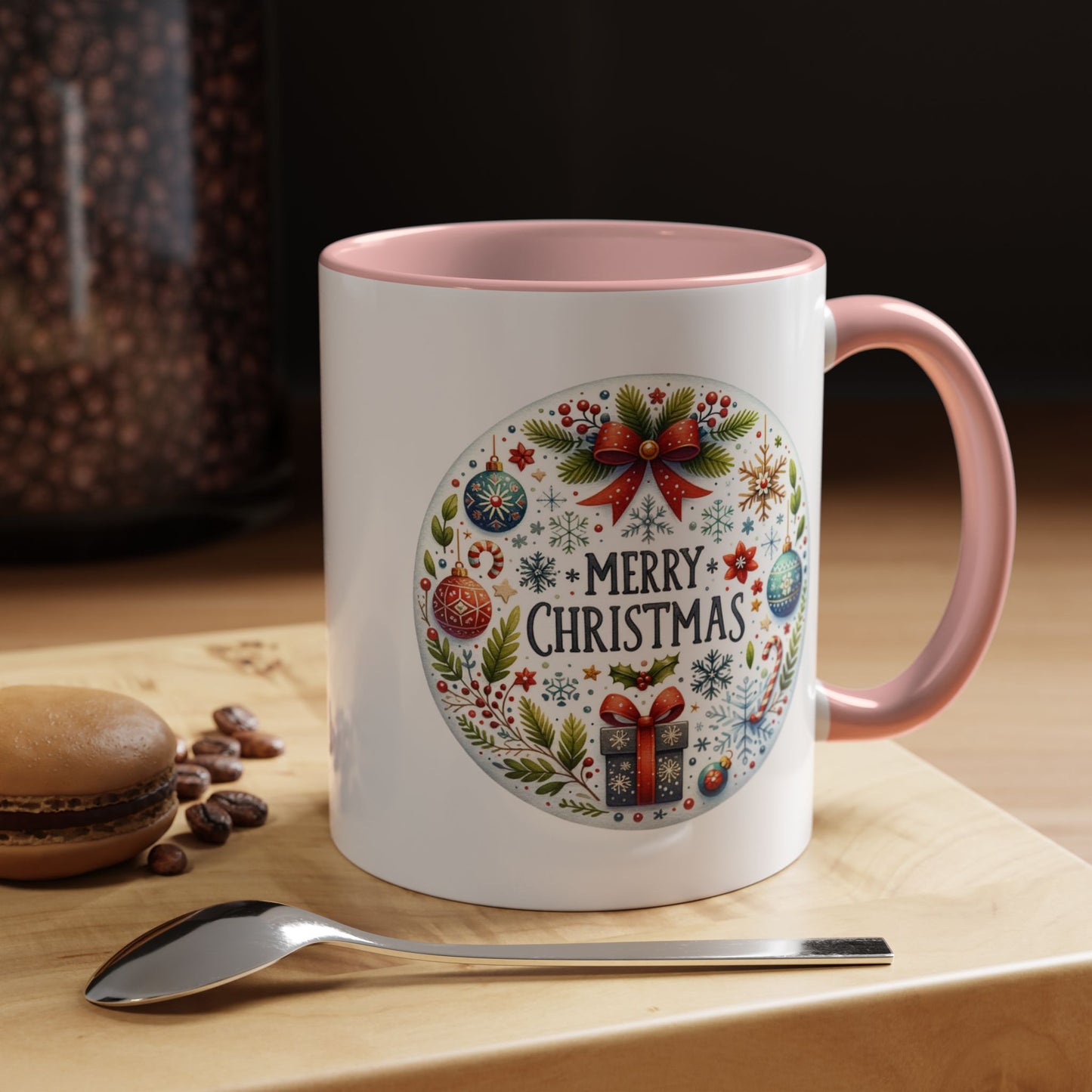 Christmas Mug - Merry Christmas Blue Text Bow Present Ornaments