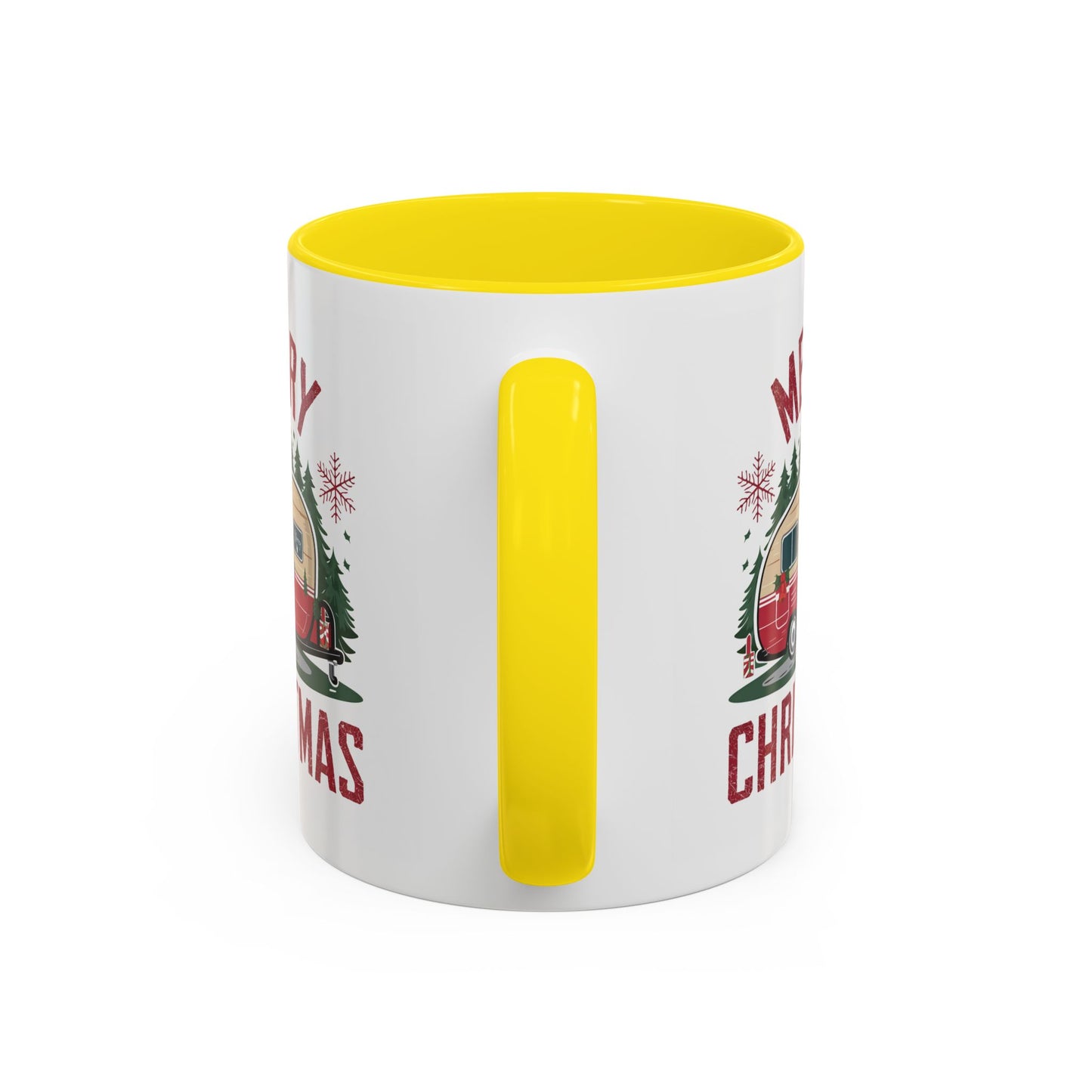 Christmas Mug - Merry Christmas Maroon Text Camper Trees Snowflakes