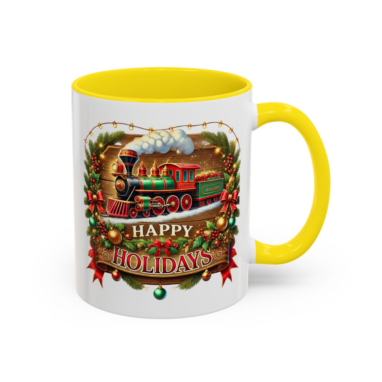 Christmas Mug - Happy Holidays White & Red Text Steam Locomotive